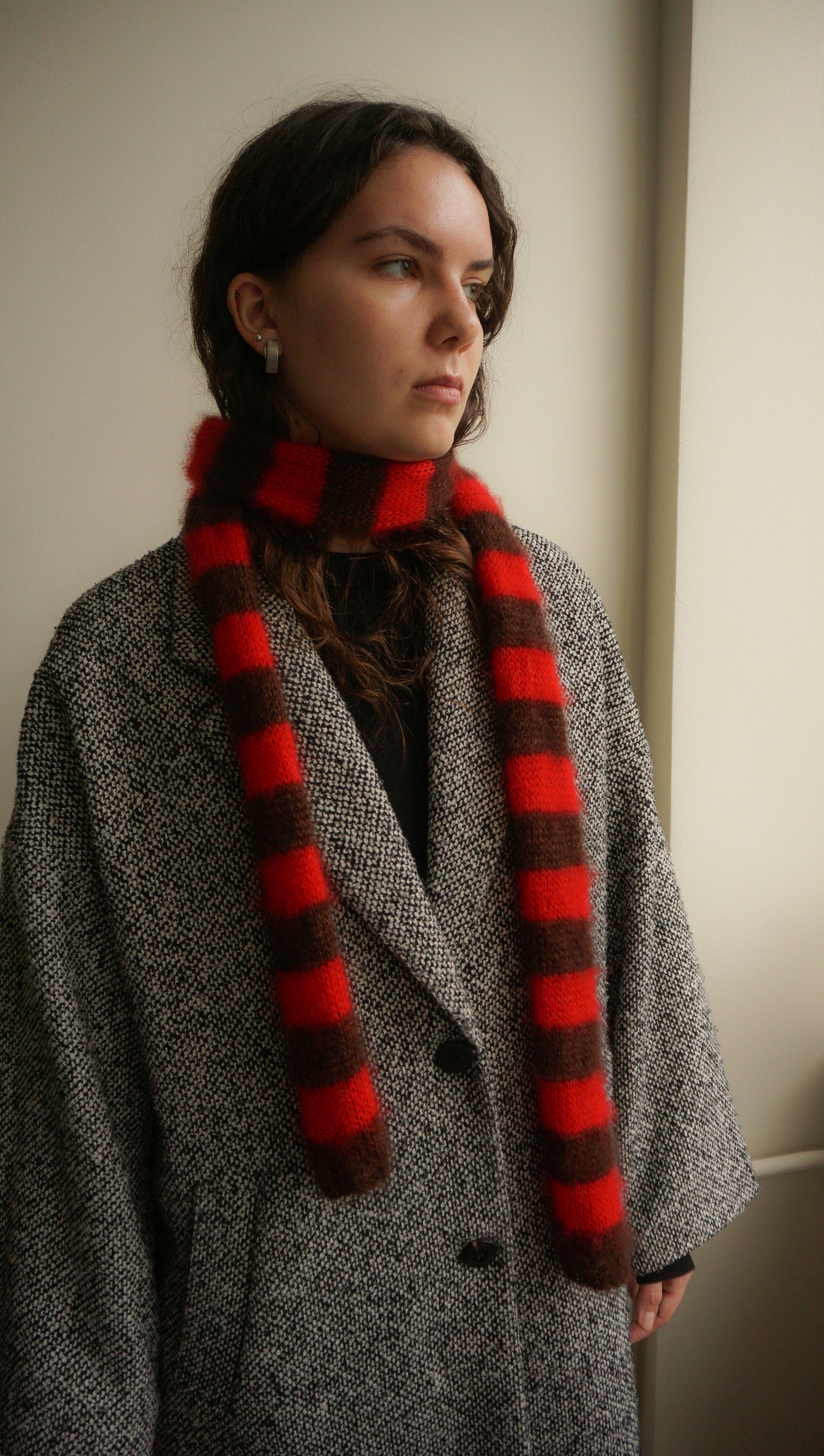 Slim mohair scarf dark brown and bright red stripes