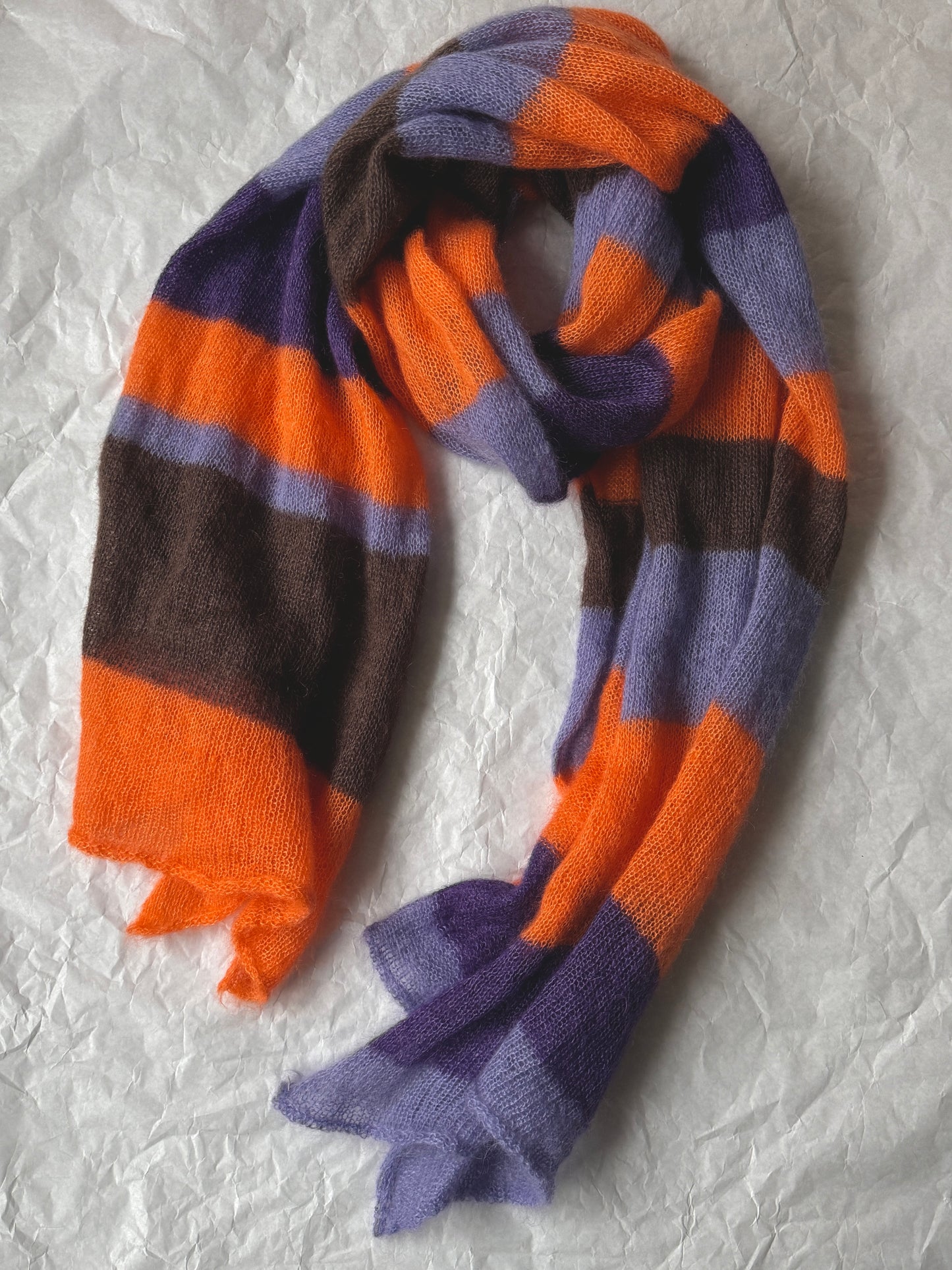 Thin wide mohair scarf in orange, brown and purple shades