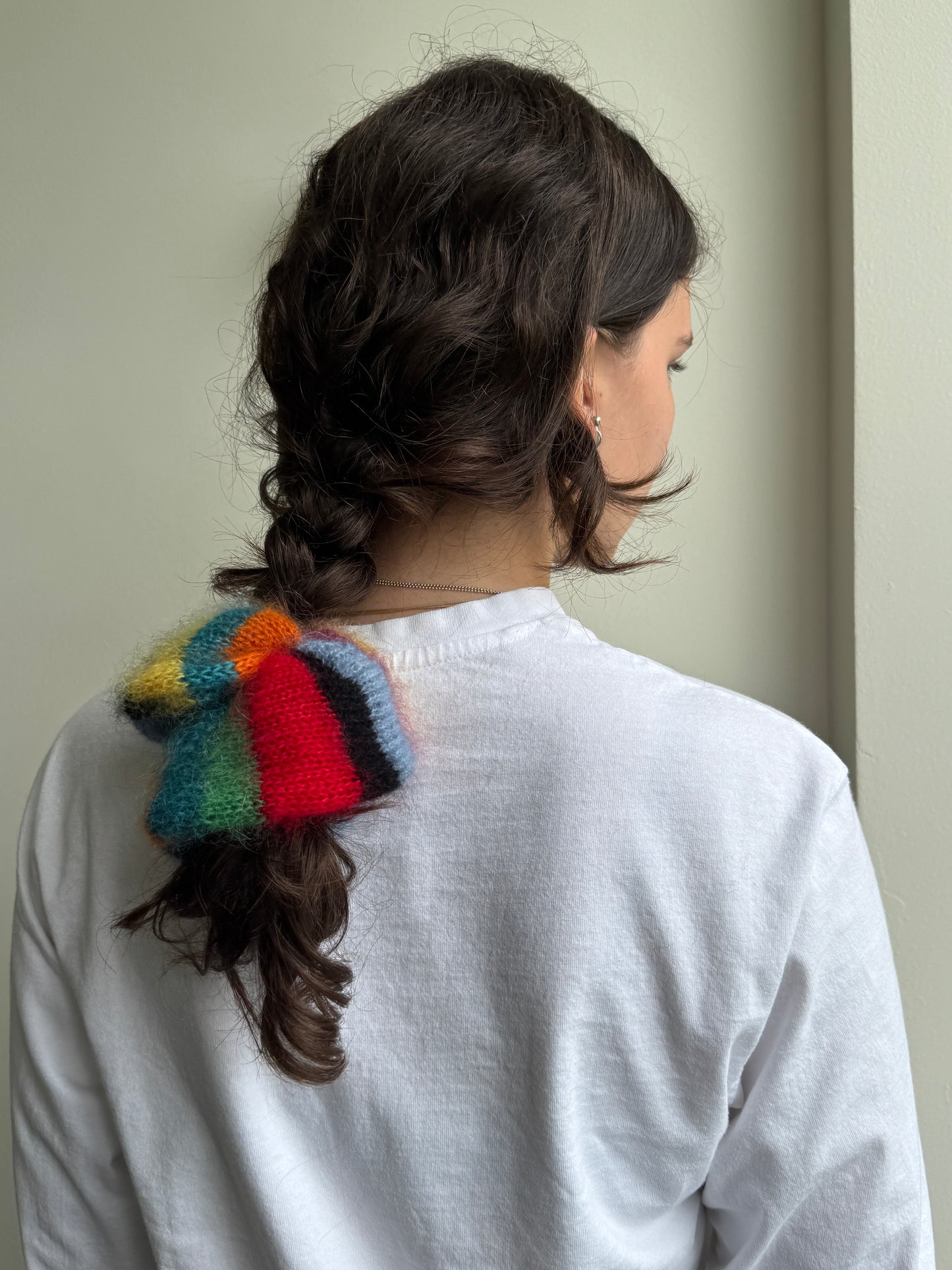 Multicolored striped knitted mohair scrunchie
