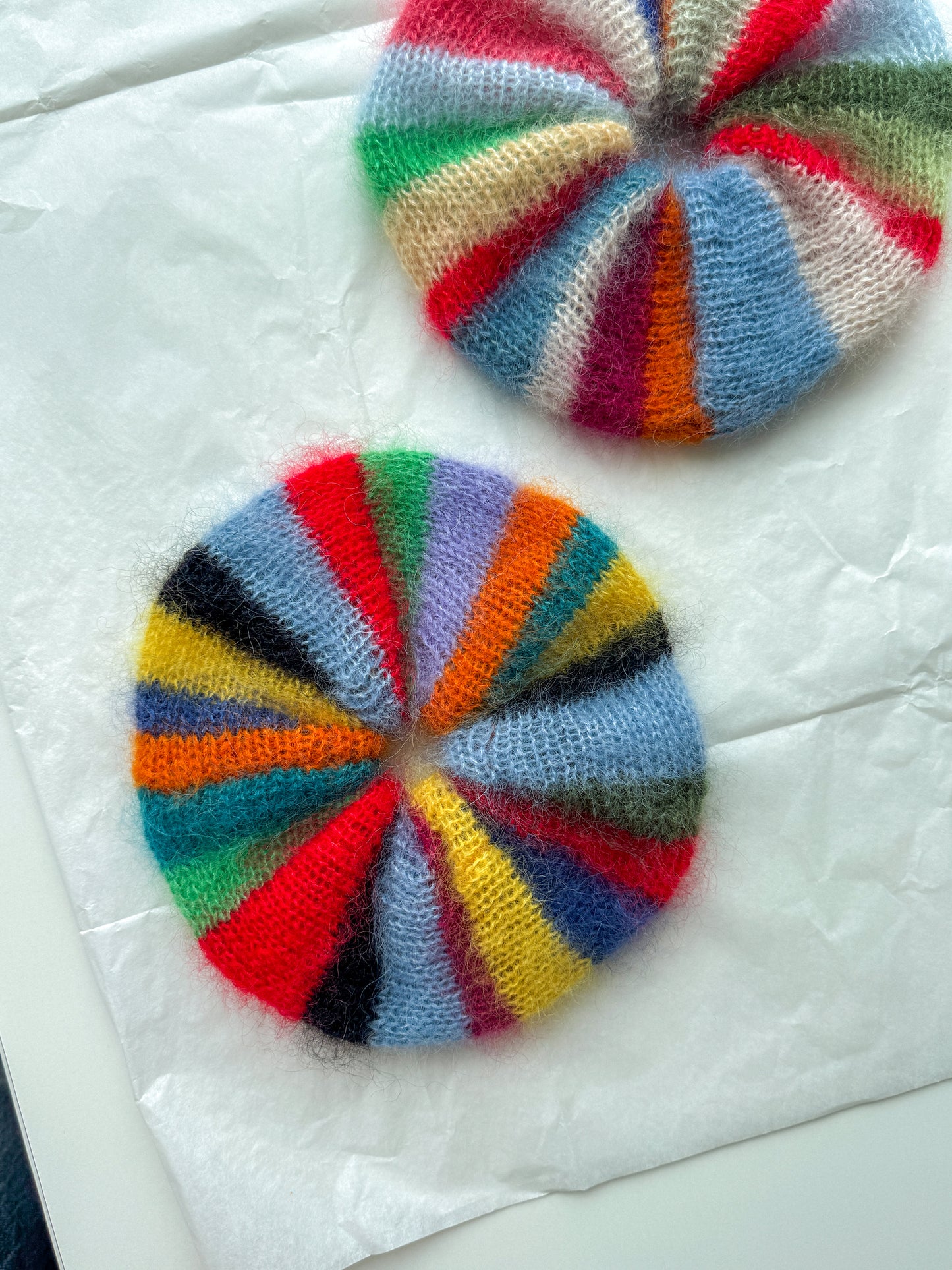 Multicolored striped knitted mohair scrunchie