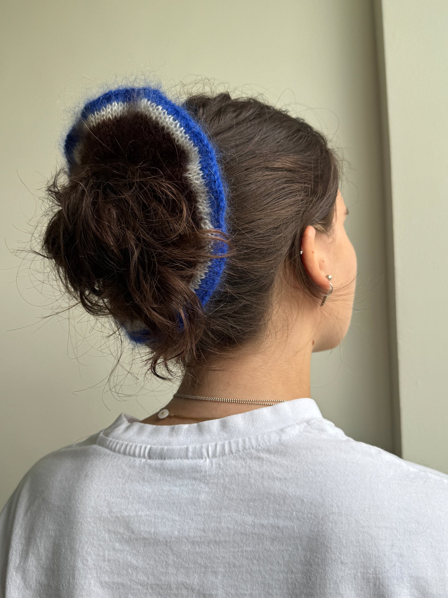 Brown knitted mohair scrunchie with bright blue trim