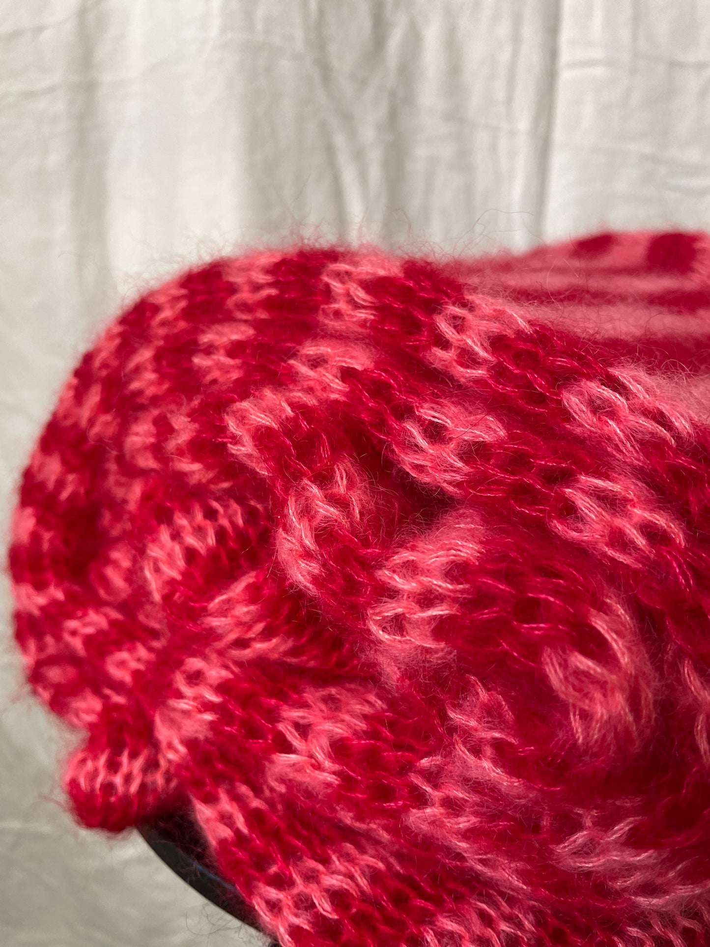 Big chunky striped mohair scarf in red and pink colors