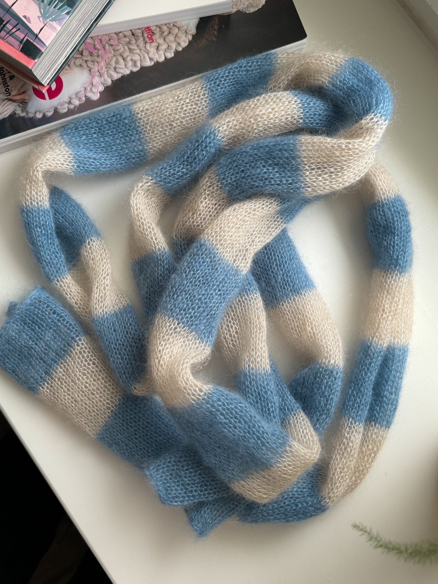 Skinny mohair scarf sand and light blue stripes