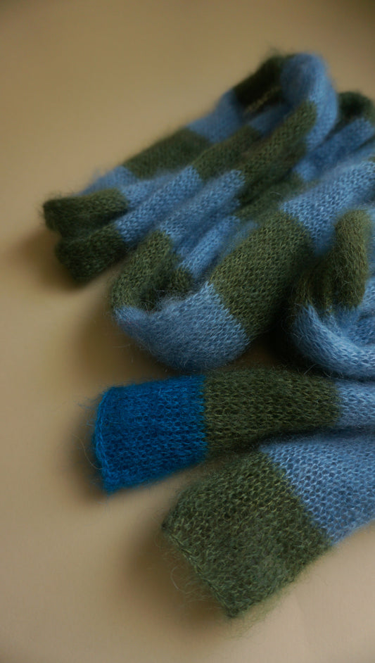 Skinny mohair scarf dark green and blue stripes