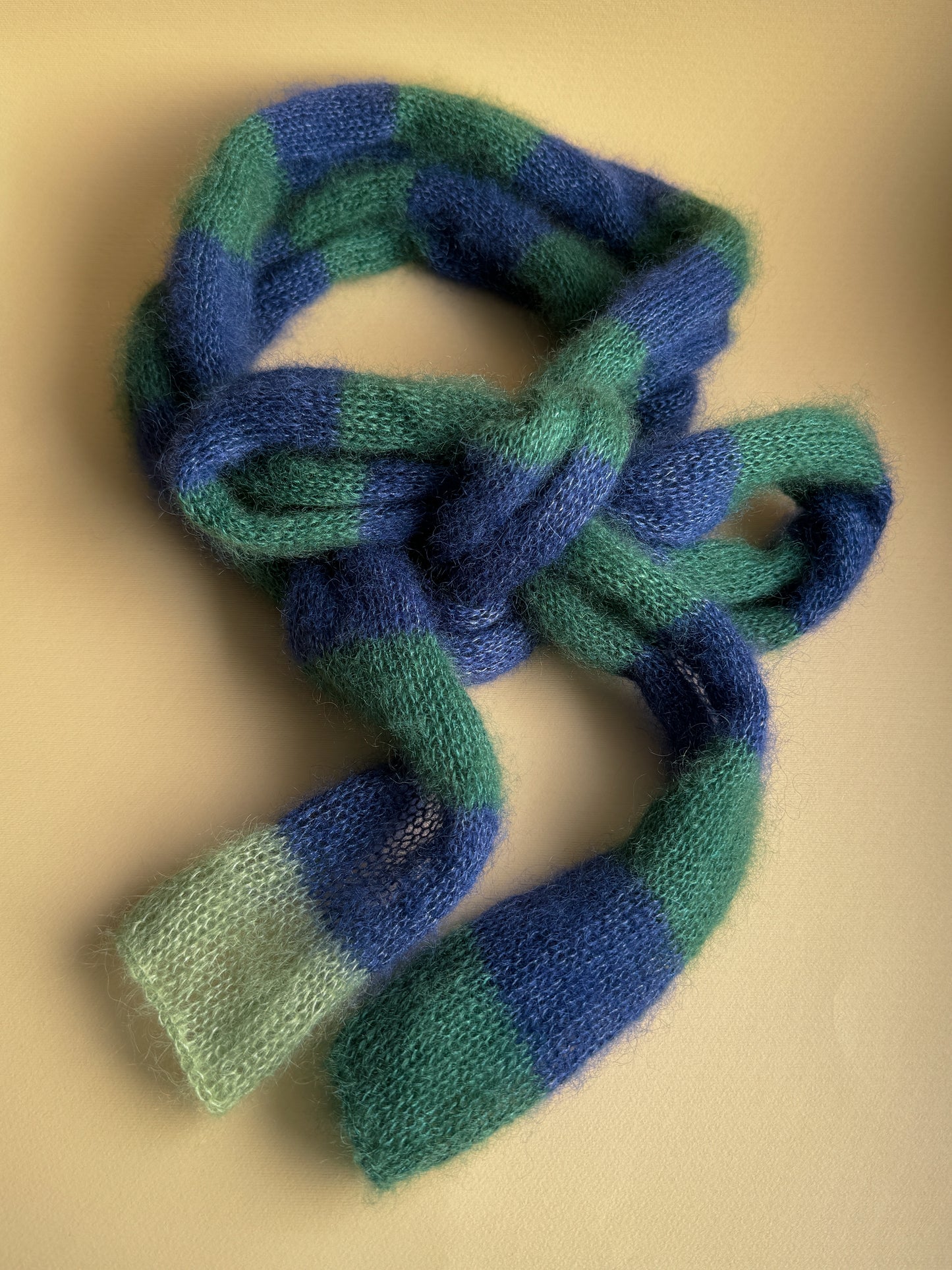 Skinny mohair scarf dark green and blue stripes