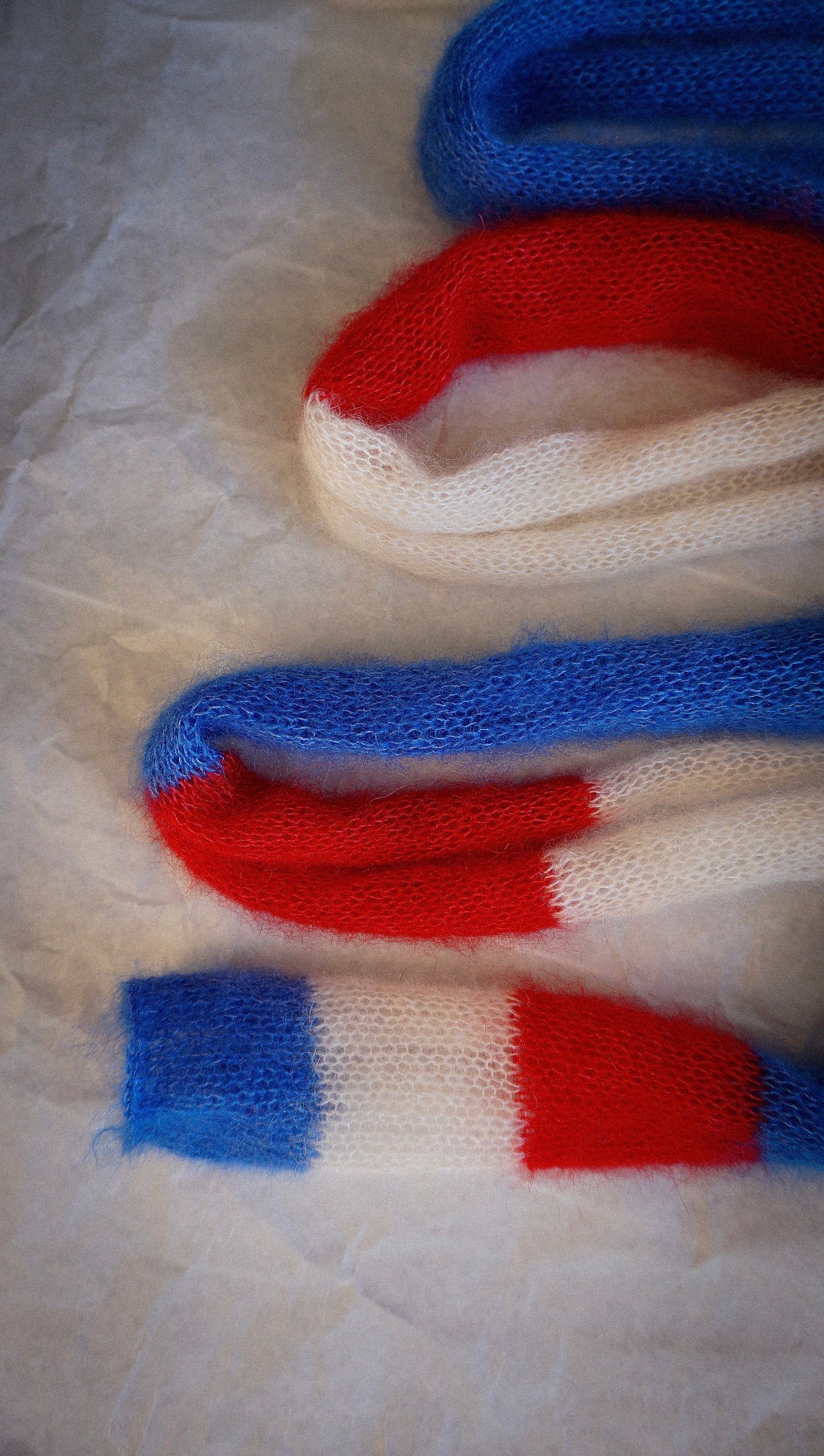 Skinny long mohair scarf white, blue and red stripes