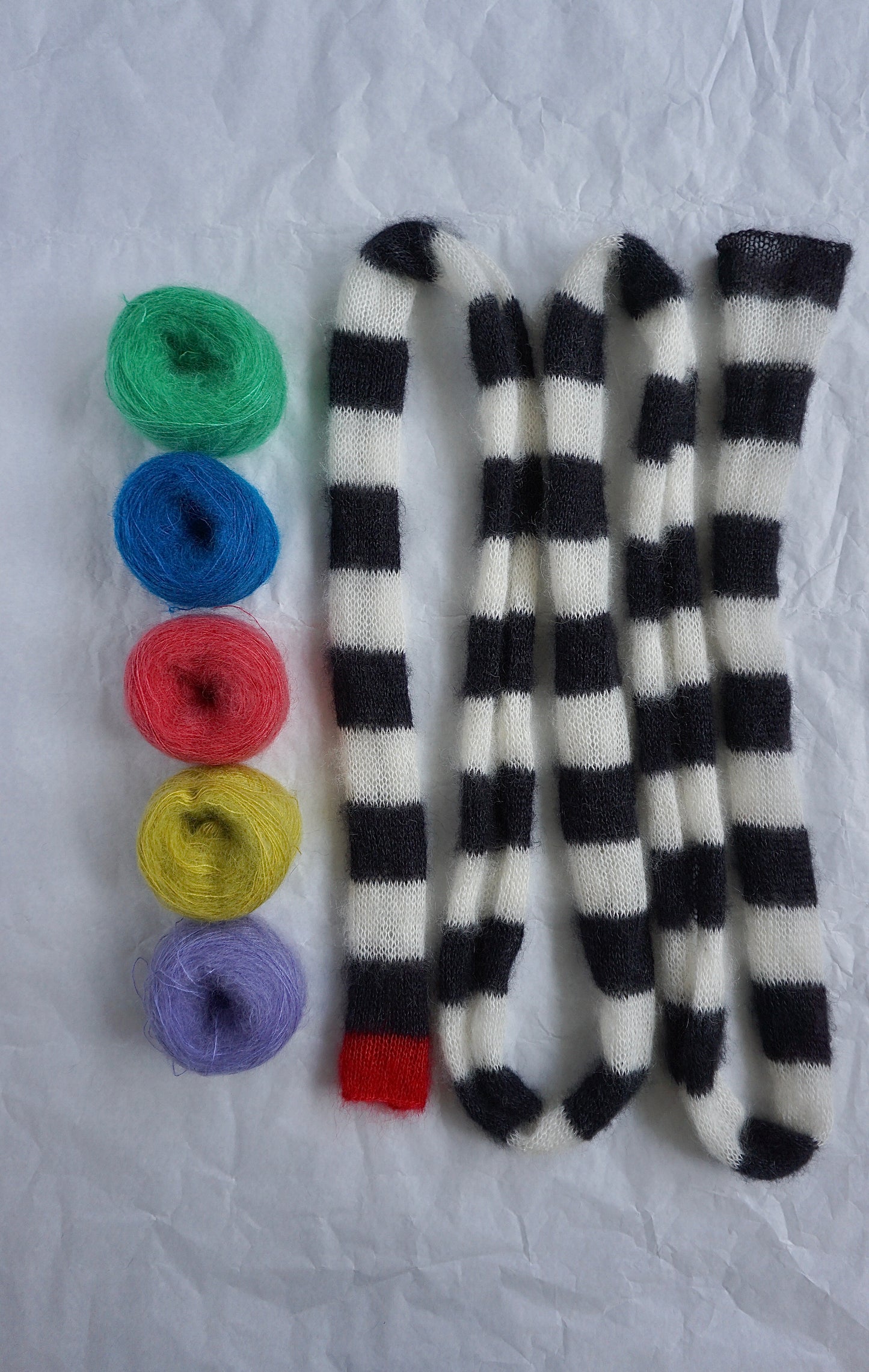 Skinny mohair scarf black and white stripes with colorful detail