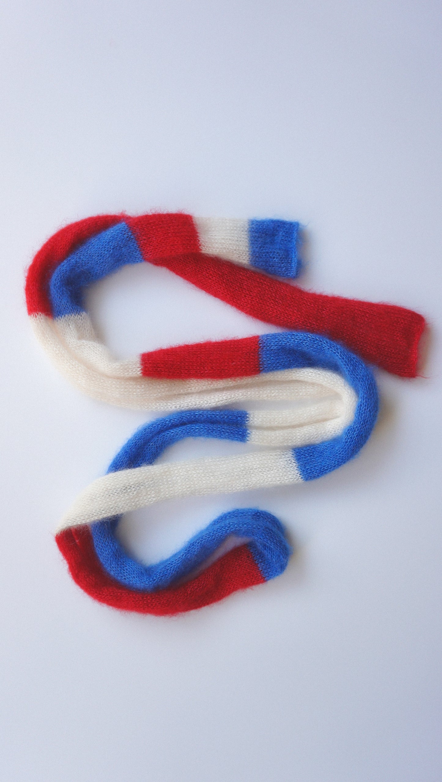 Skinny long mohair scarf white, blue and red stripes