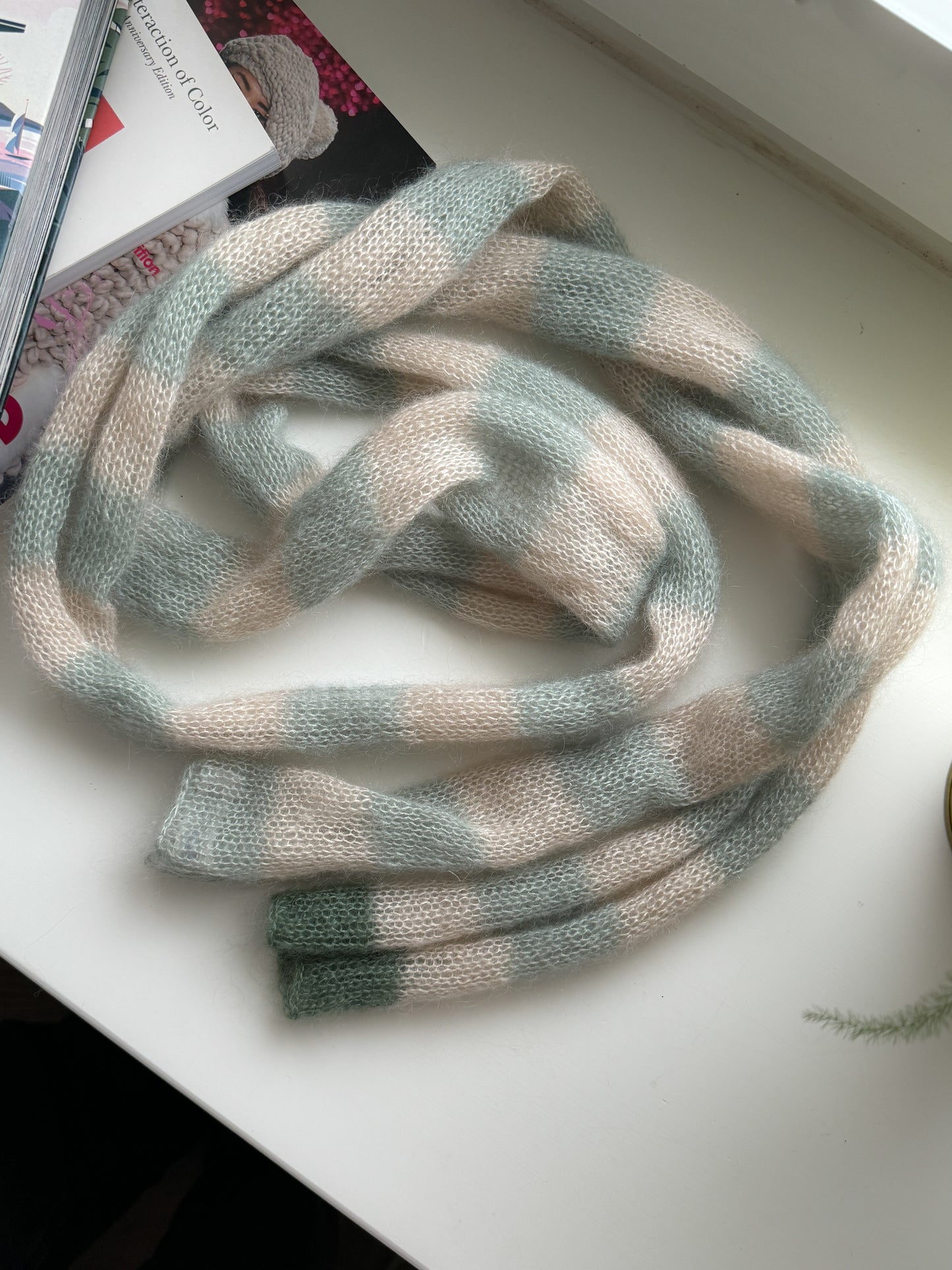 Skinny mohair scarf sand and sage stripes