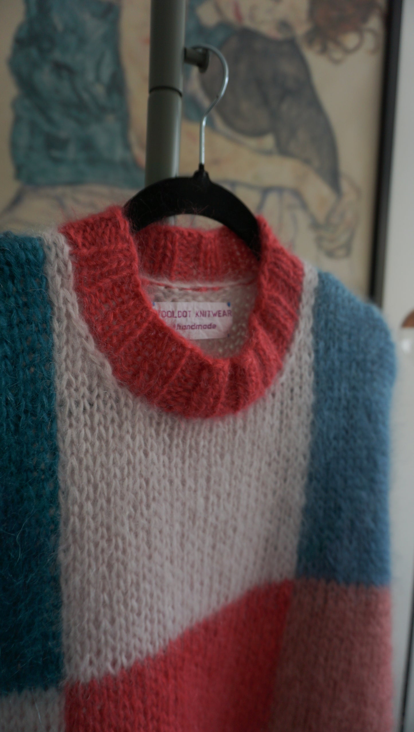 Knitted mohair sweater in pink and blue squares