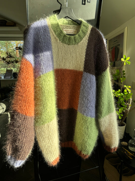 Knitted mohair sweater in green brown and purple squares