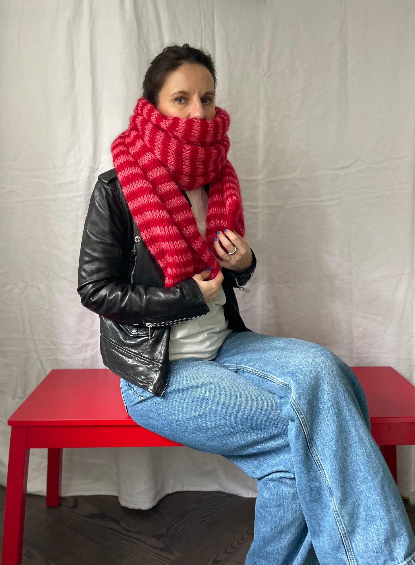 Big chunky striped mohair scarf in red and pink colors