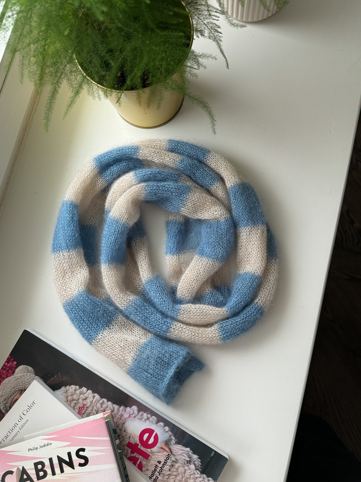 Skinny mohair scarf sand and light blue stripes