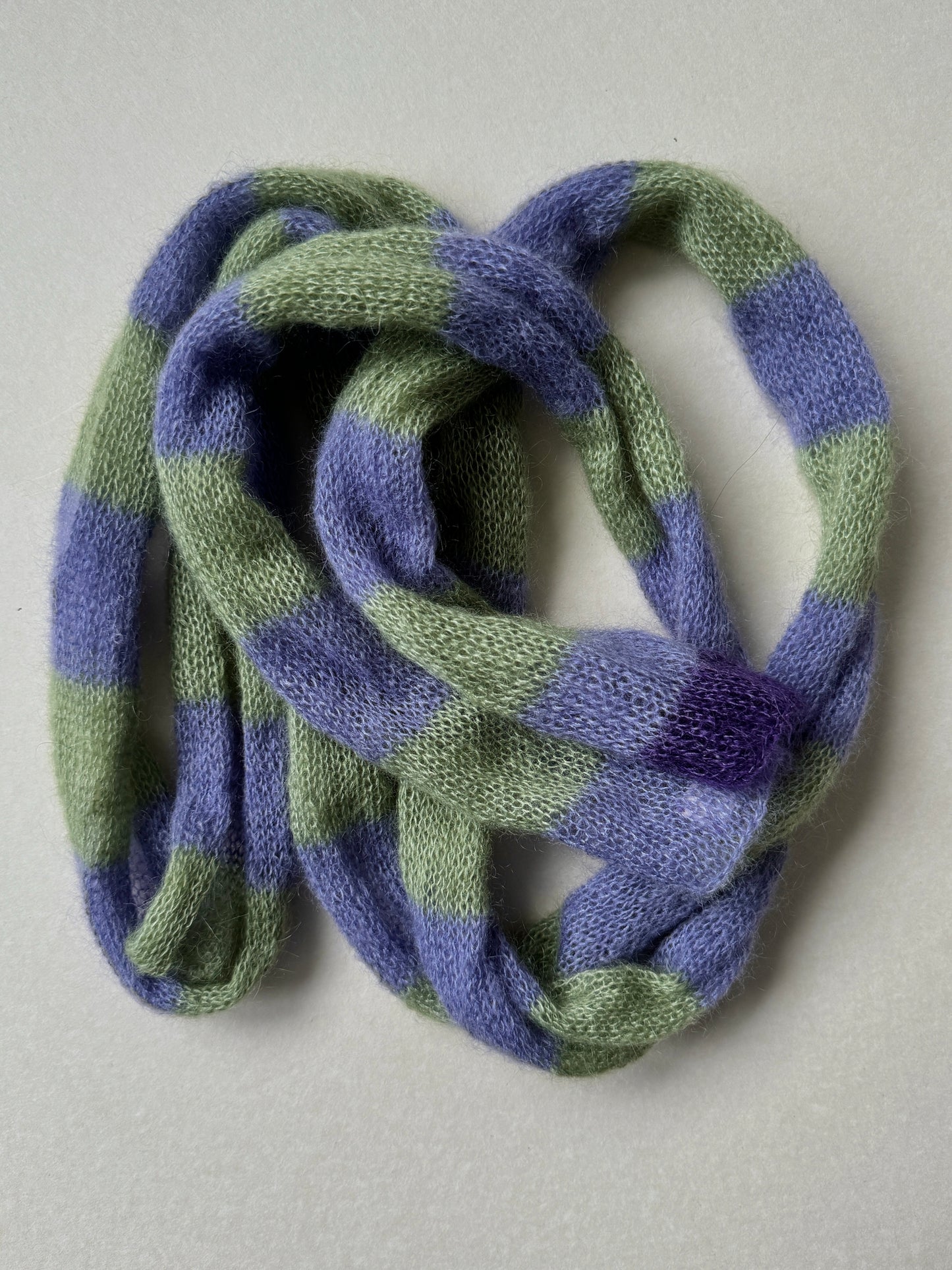 Skinny mohair scarf purple and green stripes