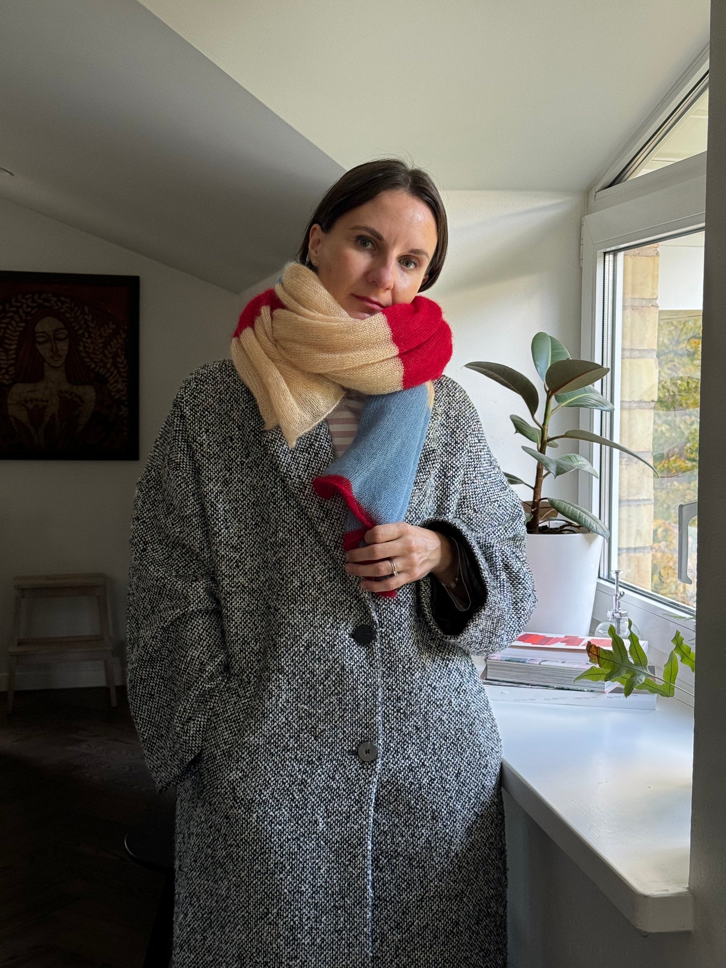 Thin wide mohair scarf in yellow red and light blue colors