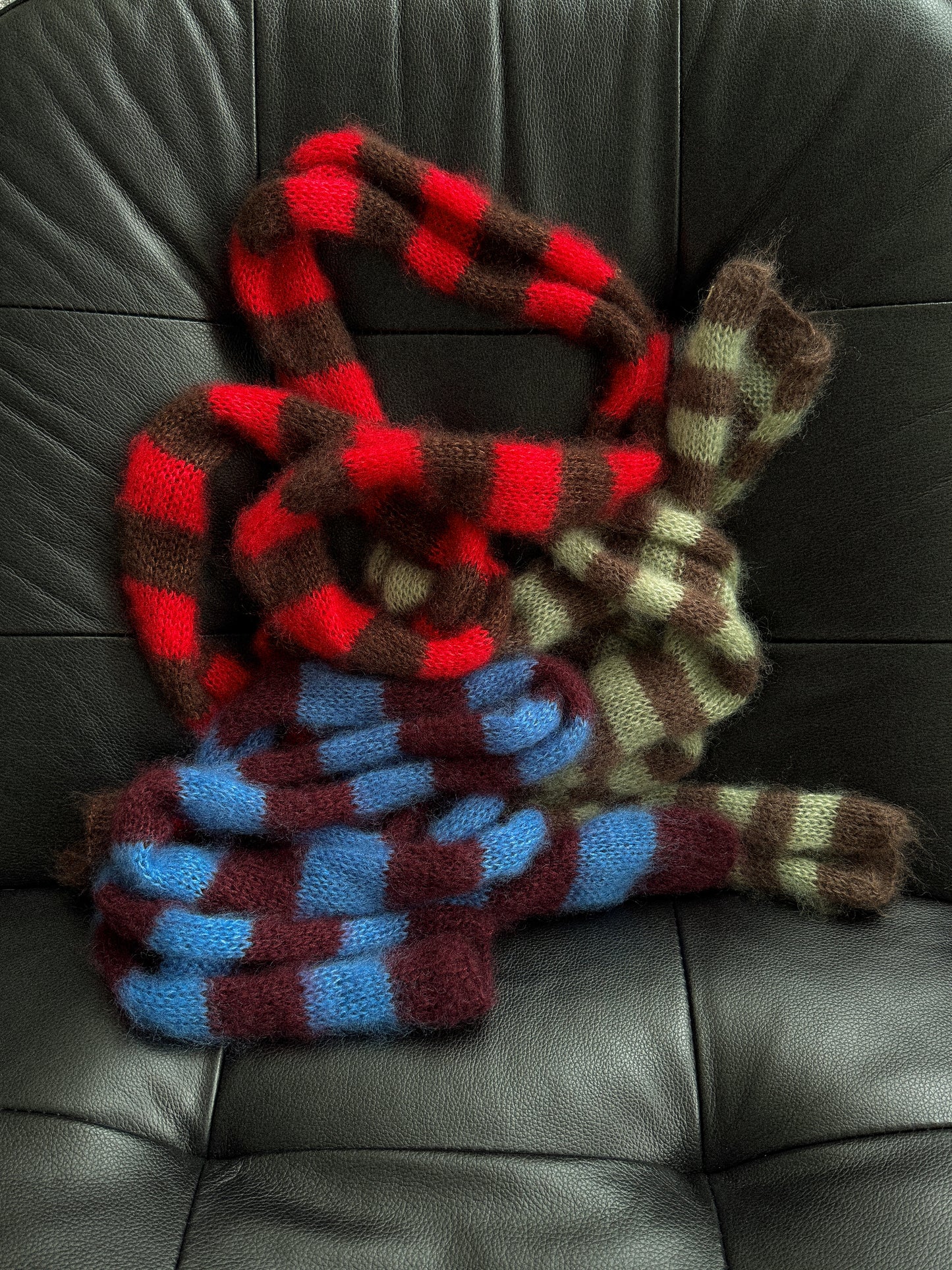 Slim mohair scarf dark bordeaux and blue stripes