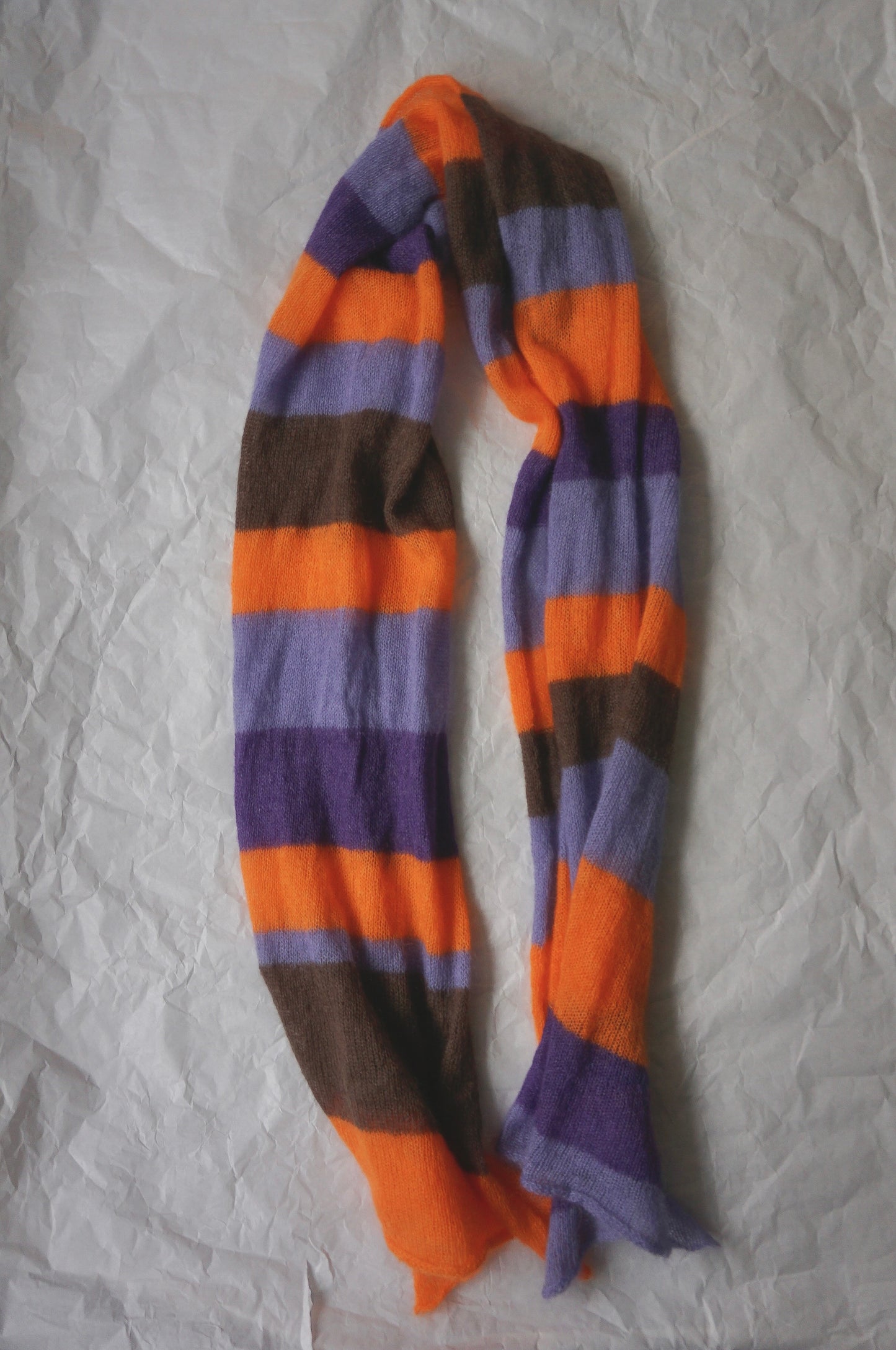 Thin wide mohair scarf in orange, brown and purple shades