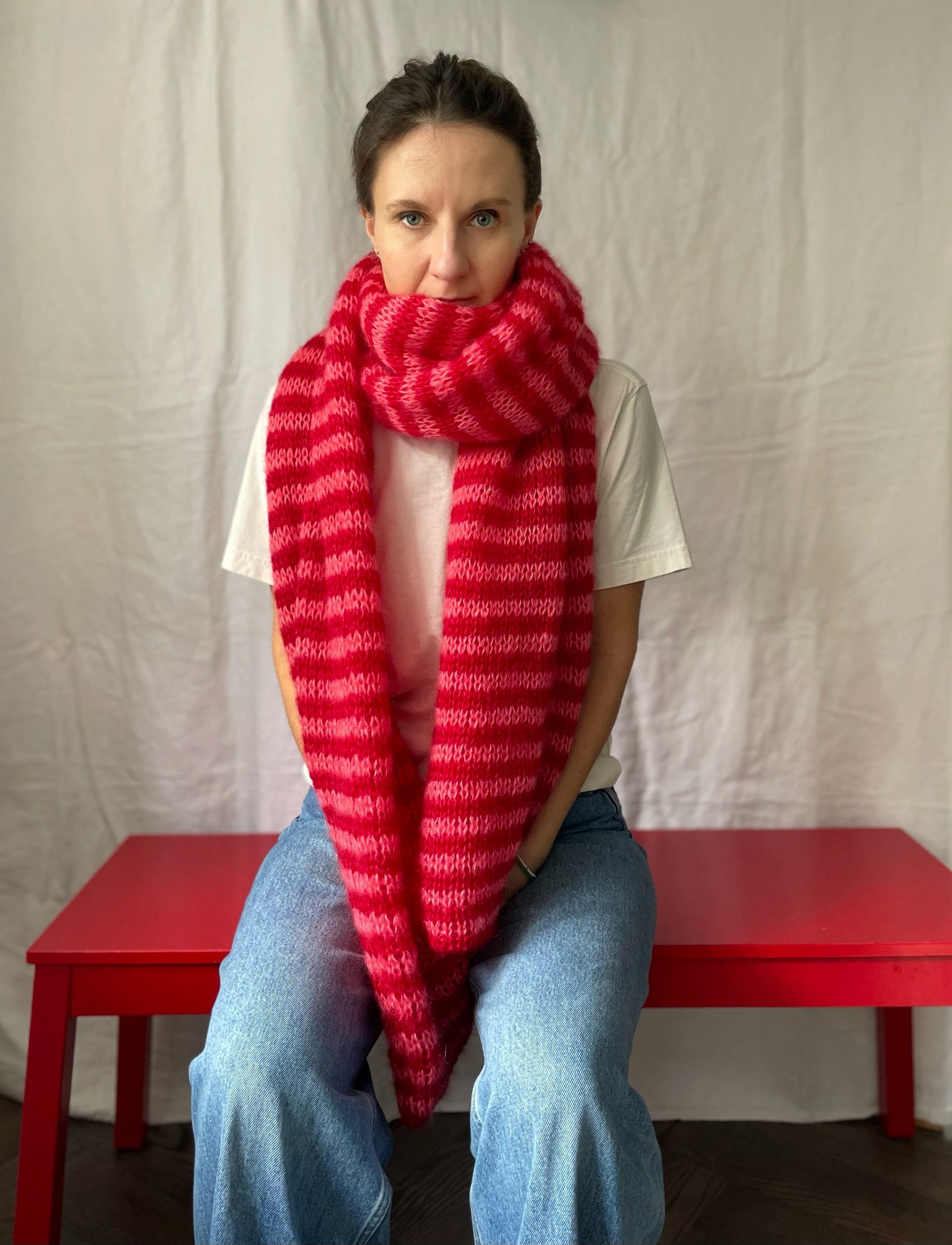 Big chunky striped mohair scarf in red and pink colors