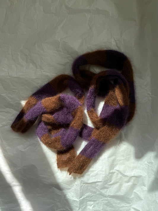 Skinny long mohair scarf in brown and purple