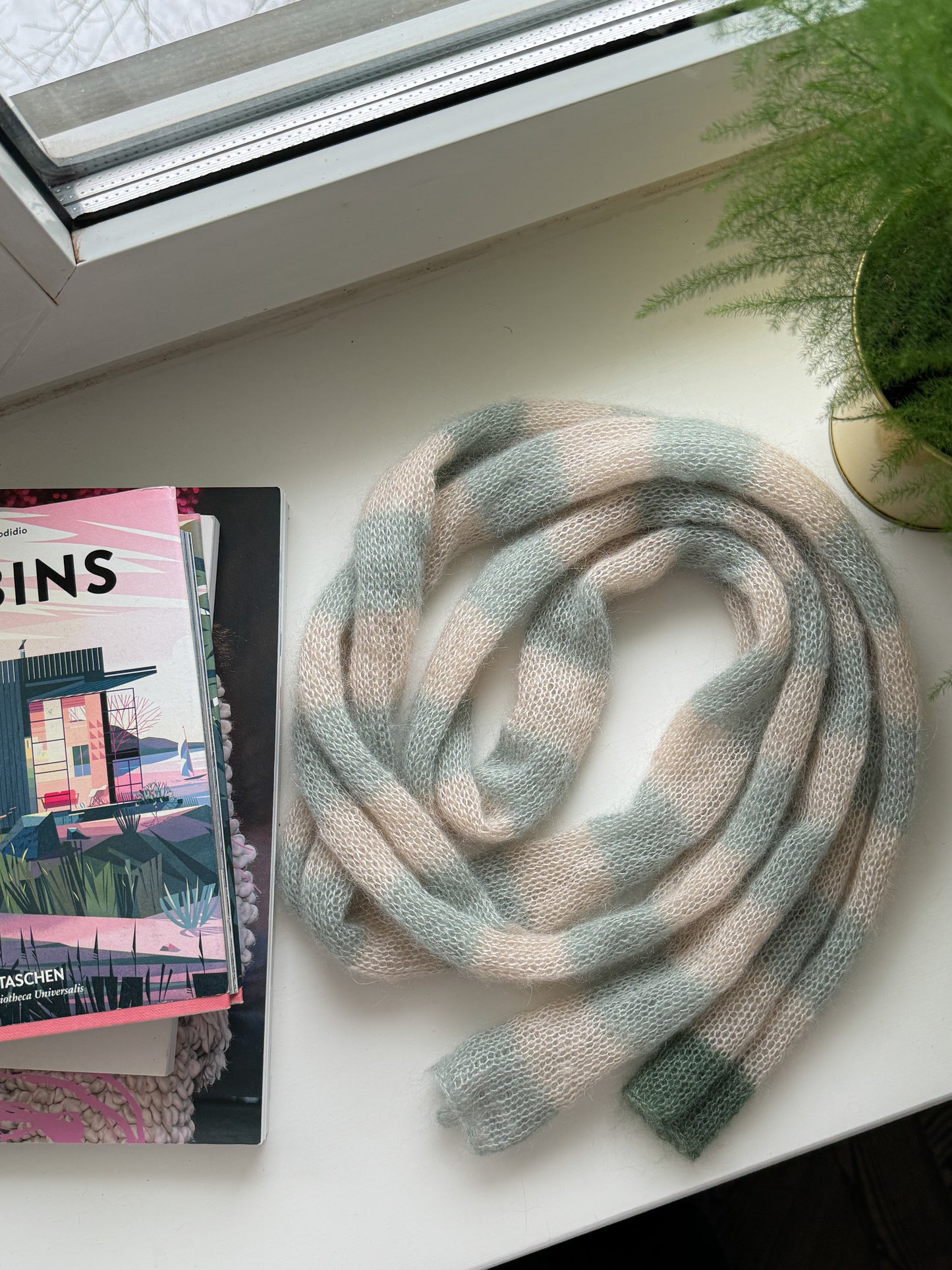 Skinny mohair scarf sand and sage stripes