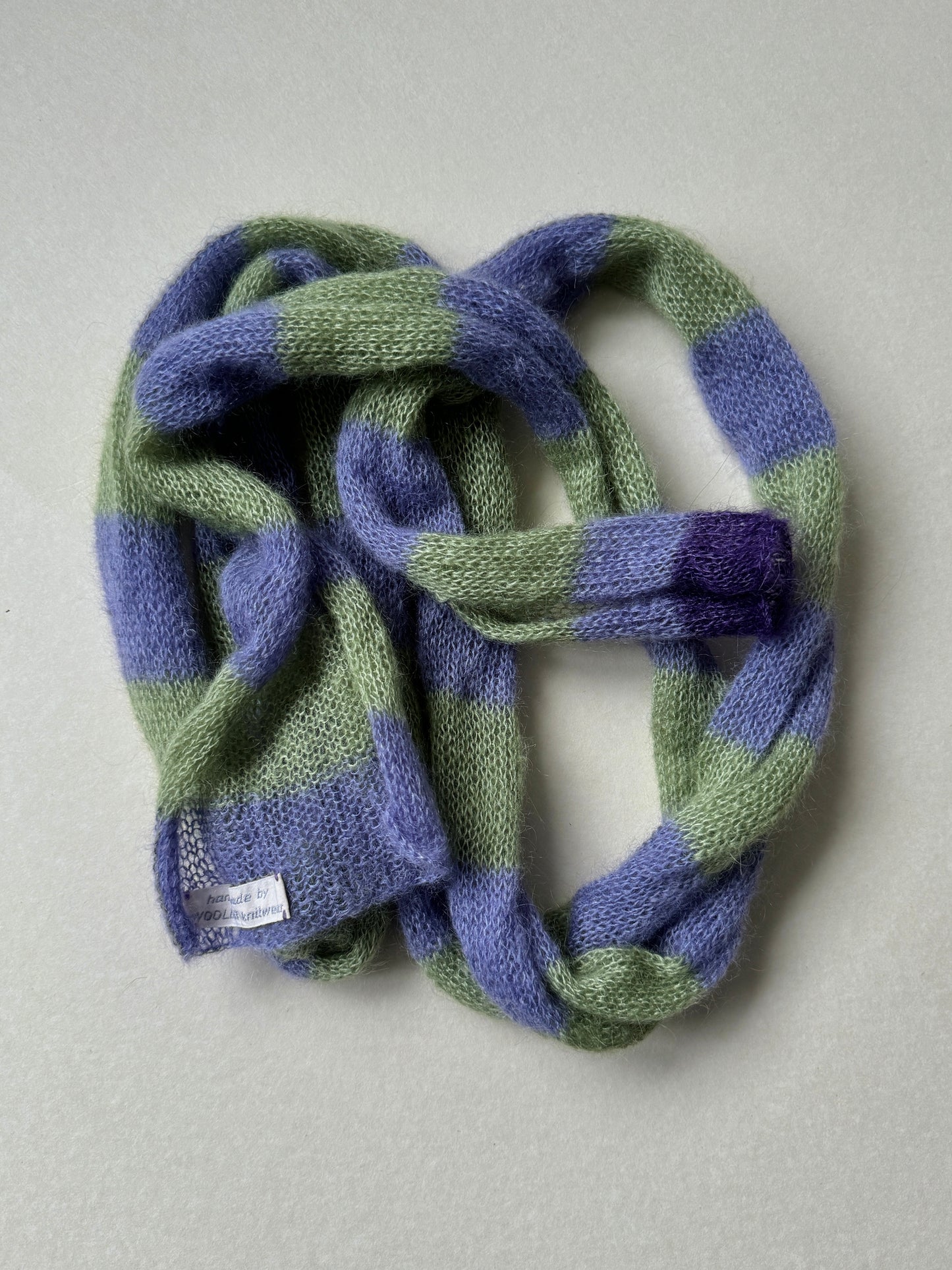 Skinny mohair scarf purple and green stripes