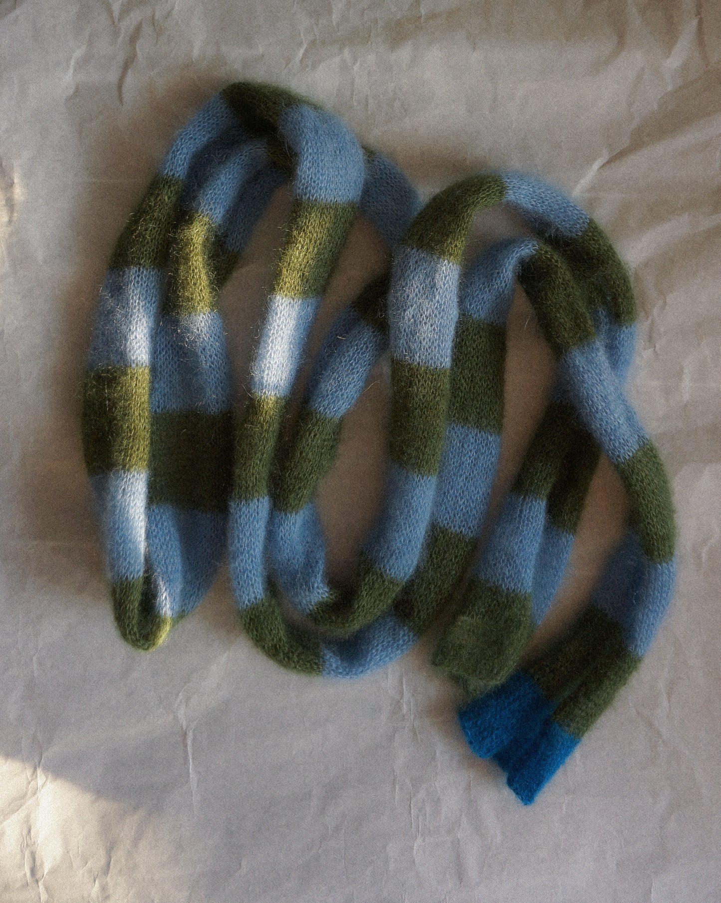 Skinny mohair scarf dark green and blue stripes