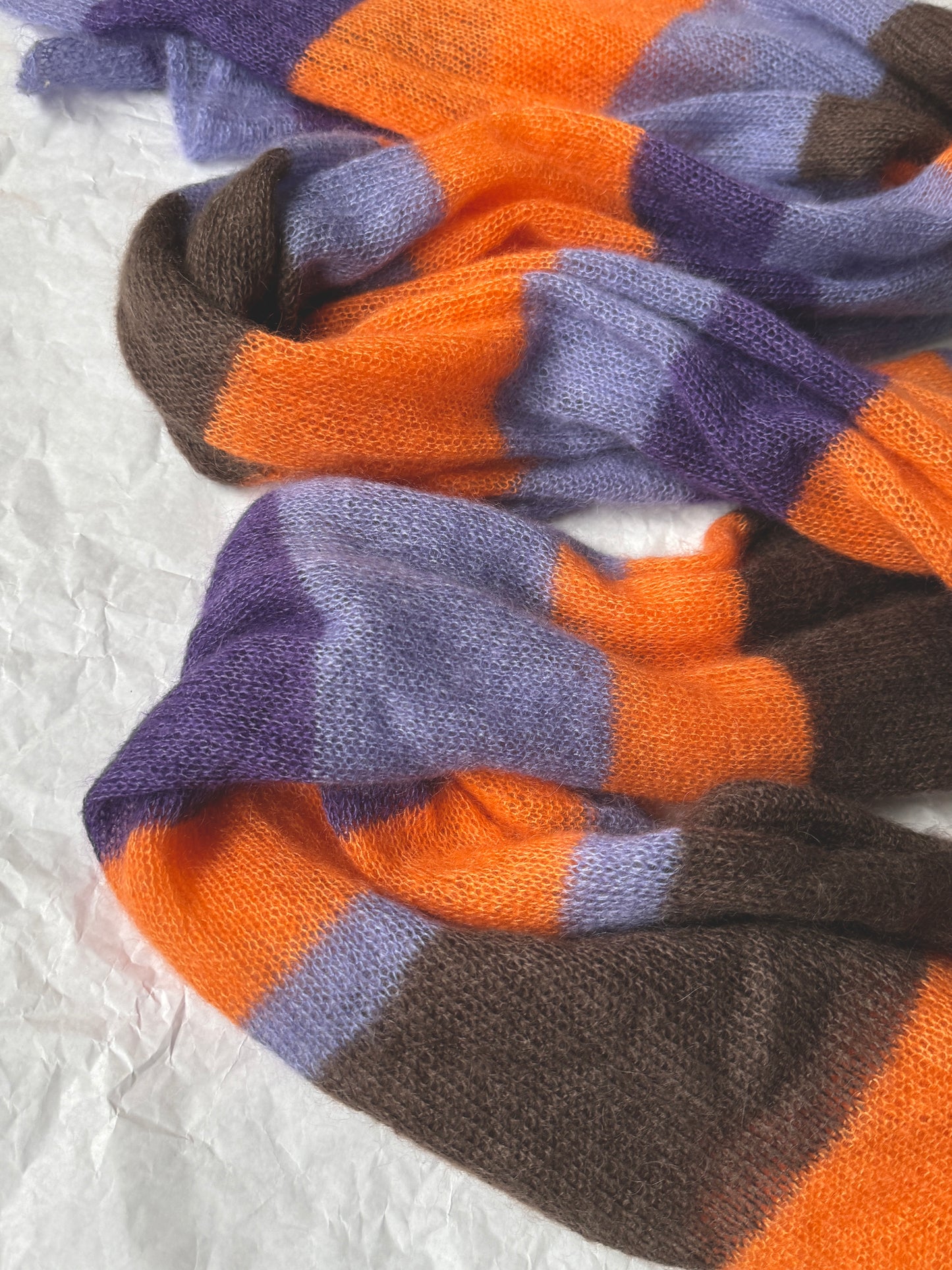 Thin wide mohair scarf in orange, brown and purple shades