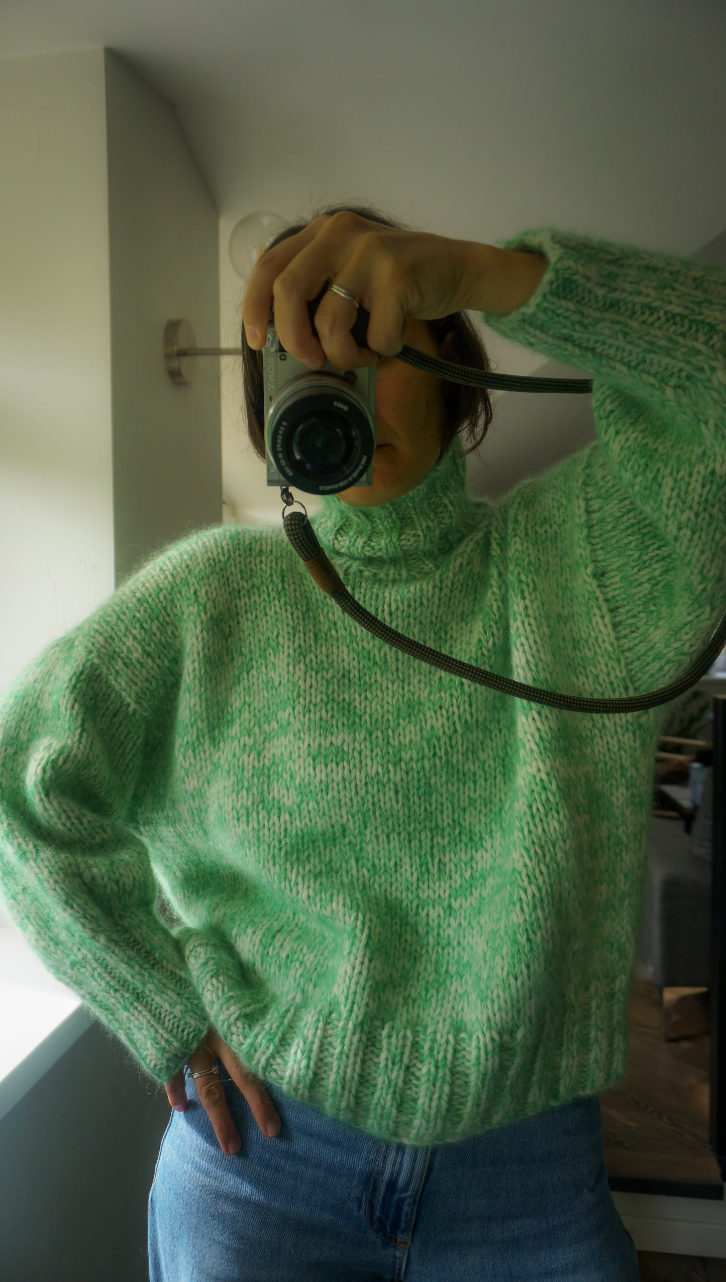 Melange green & white alpaca turtleneck jumper