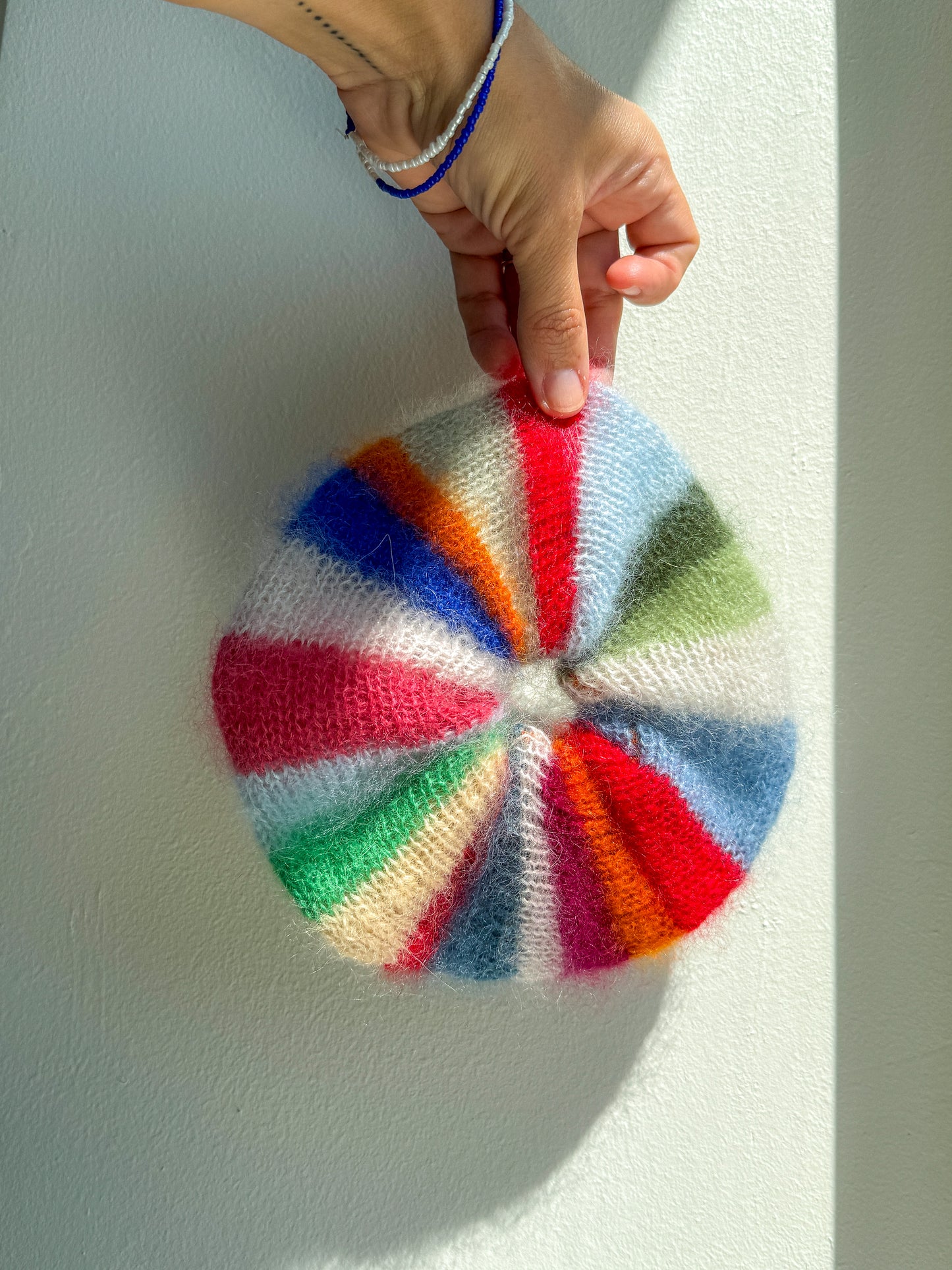 Multicolored striped knitted mohair scrunchie