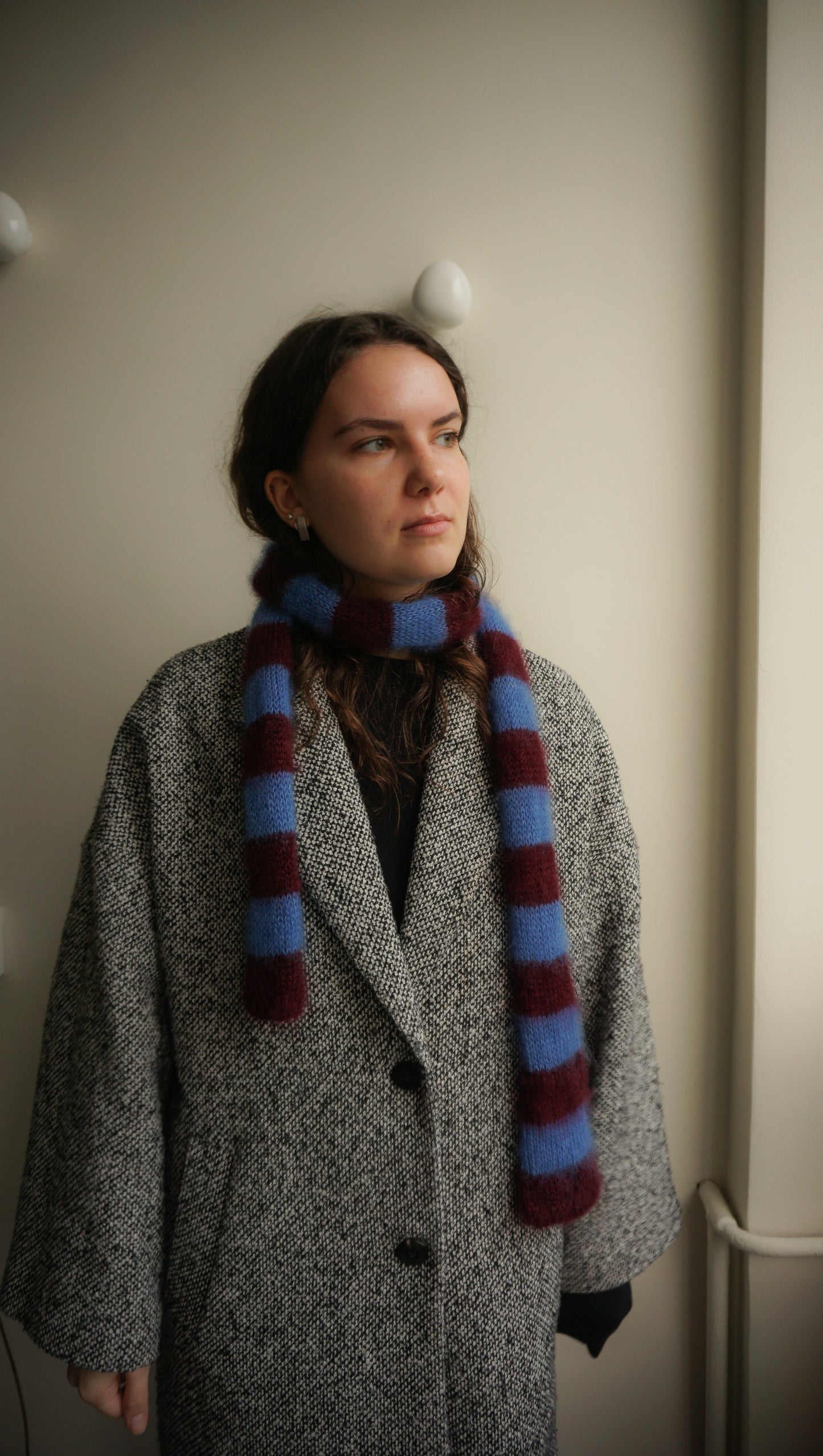Slim mohair scarf dark bordeaux and blue stripes