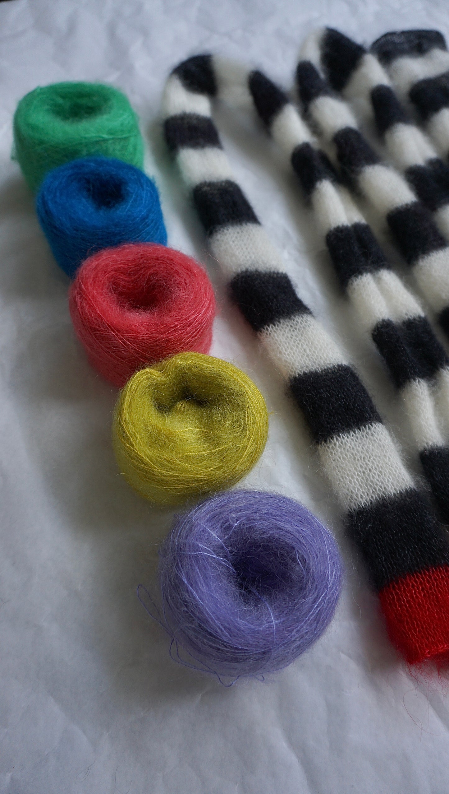 Skinny mohair scarf black and white stripes with colorful detail