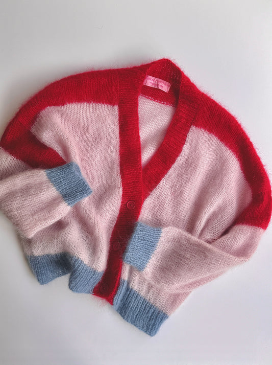 Light pink red and blue knitted mohair cardigan