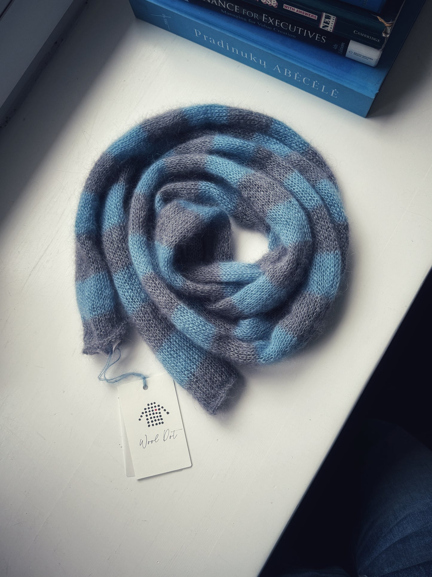 Skinny mohair scarf grey and light blue stripes