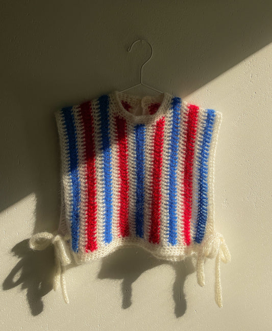 white red blue crochet mohair vest in vertical thin stripes