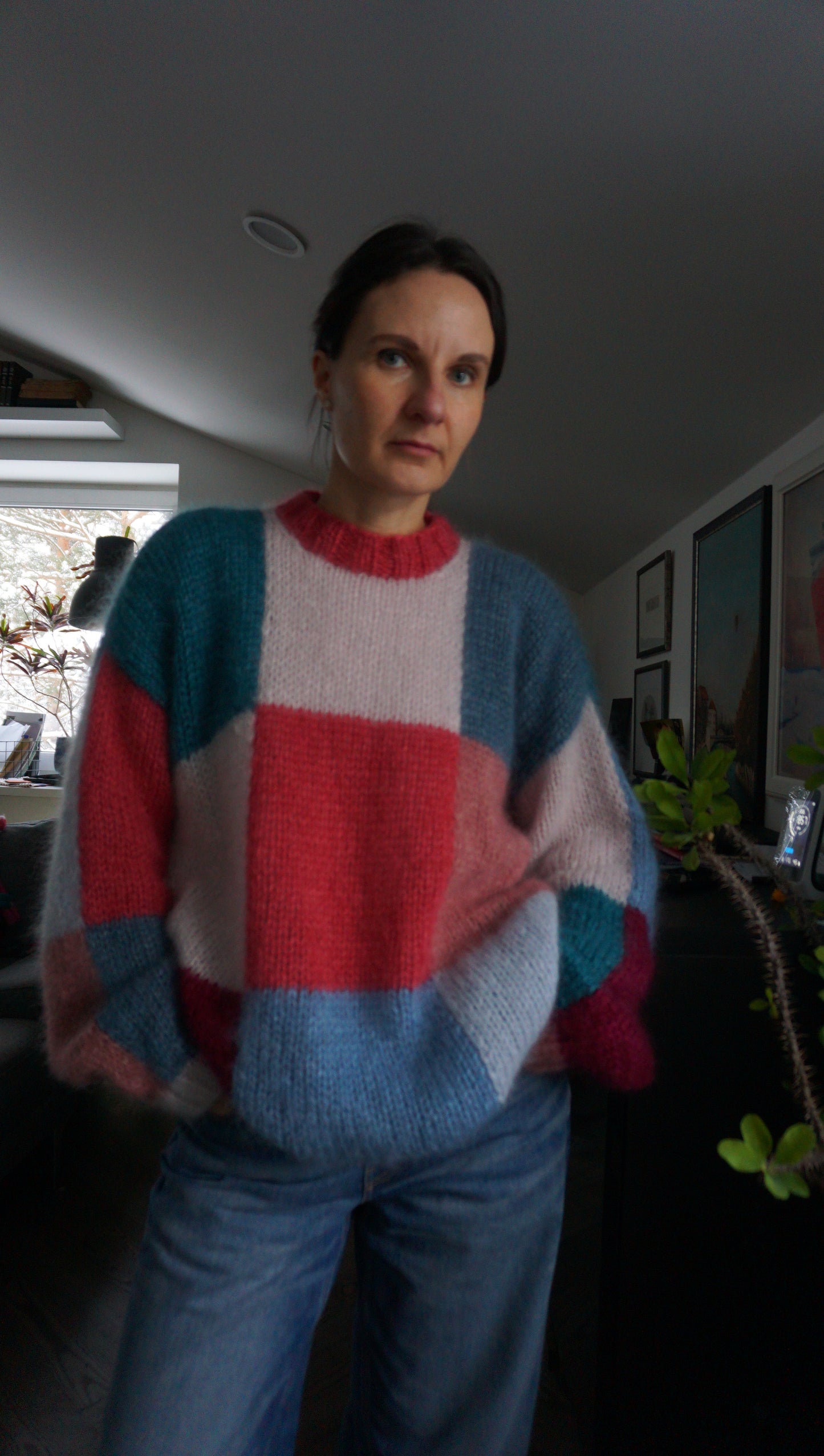 Knitted mohair sweater in pink and blue squares