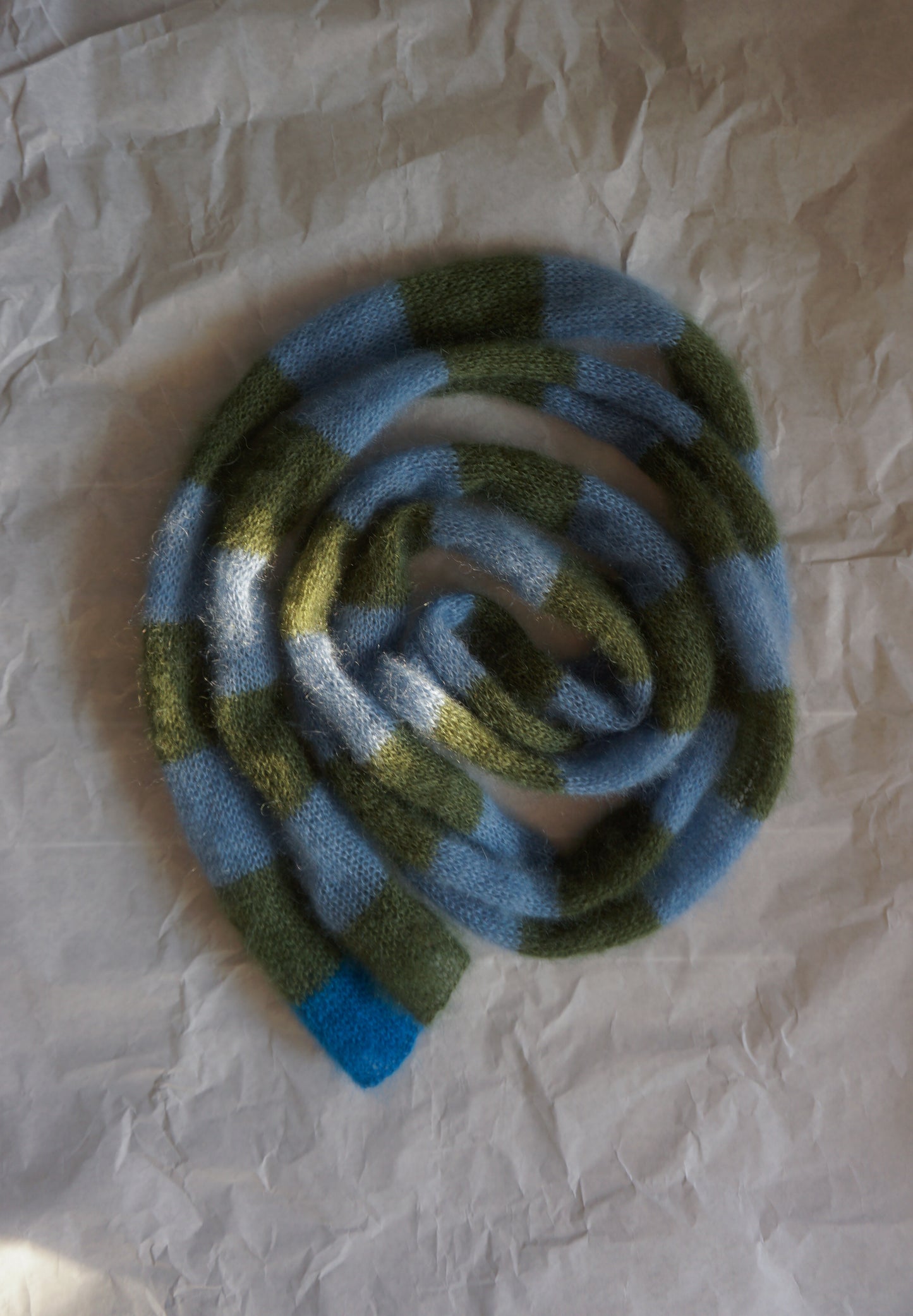 Skinny mohair scarf dark green and blue stripes