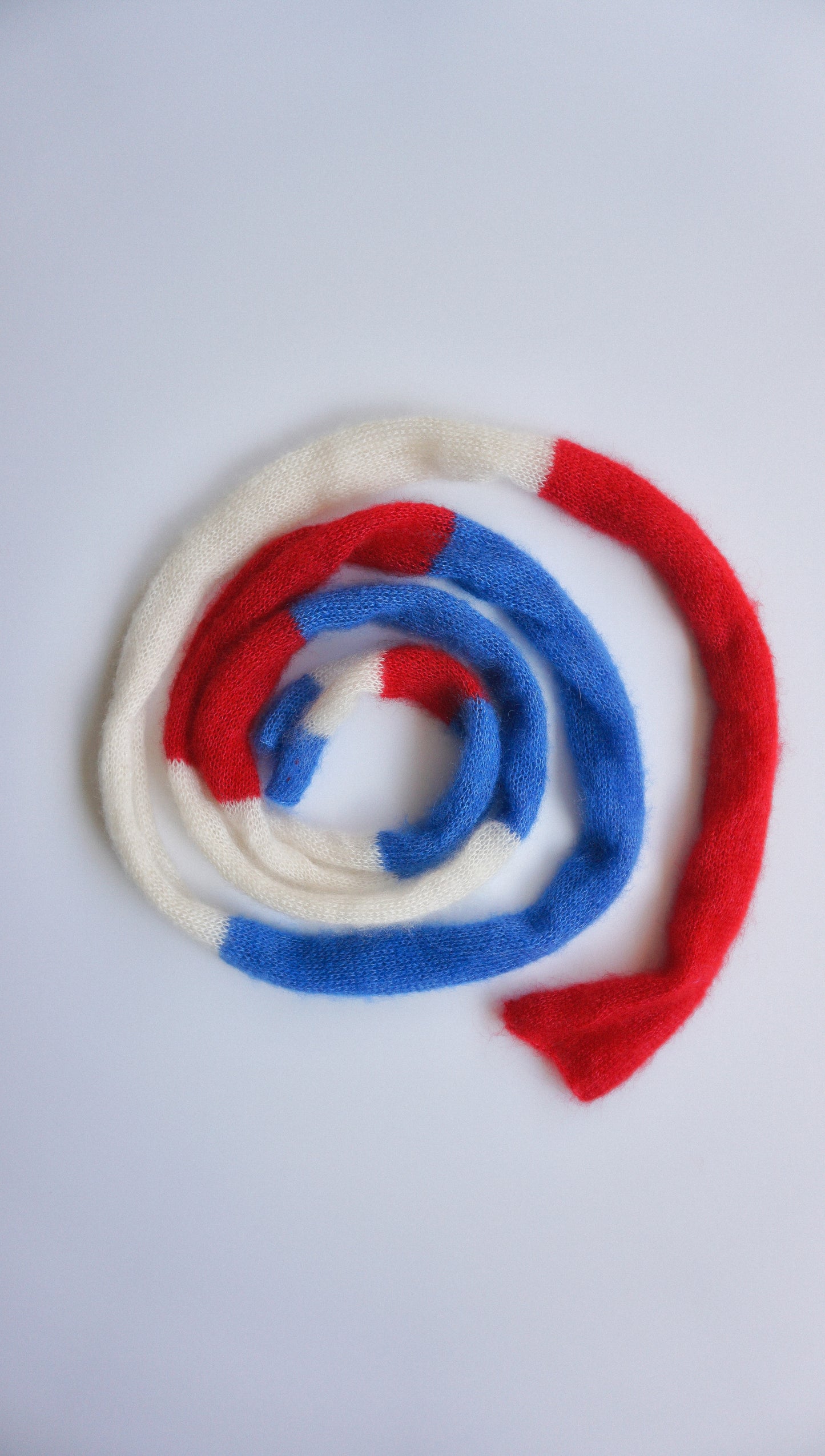 Skinny long mohair scarf white, blue and red stripes