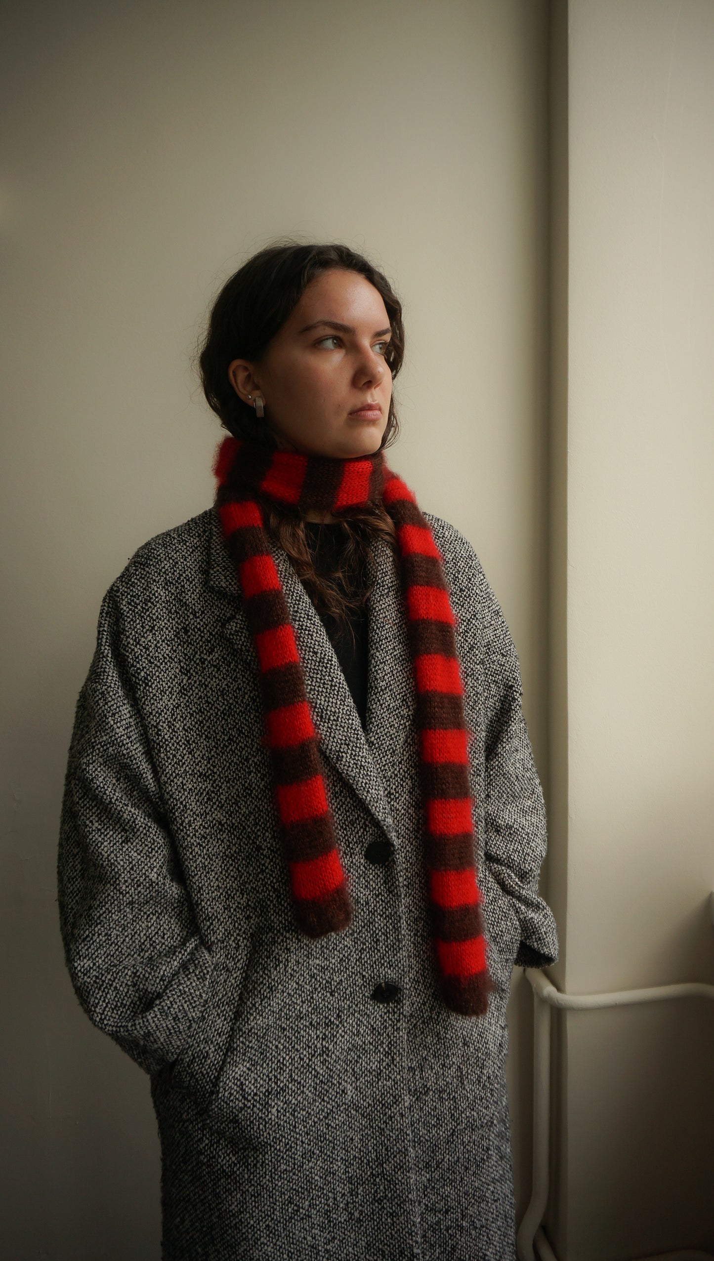 Slim mohair scarf dark brown and bright red stripes