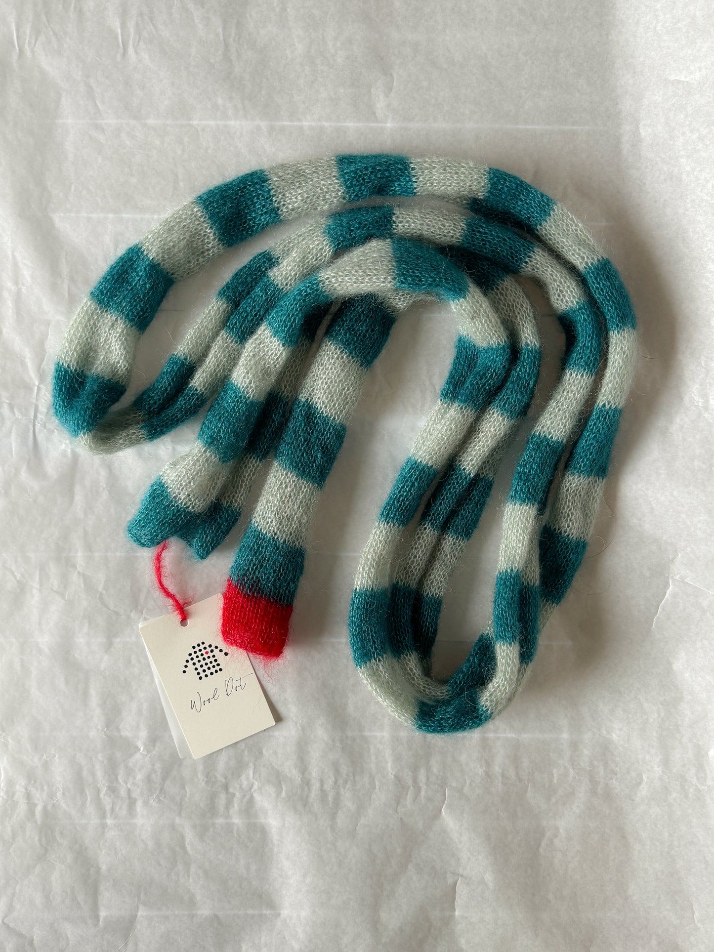 Skinny mohair scarf teal and light green stripes