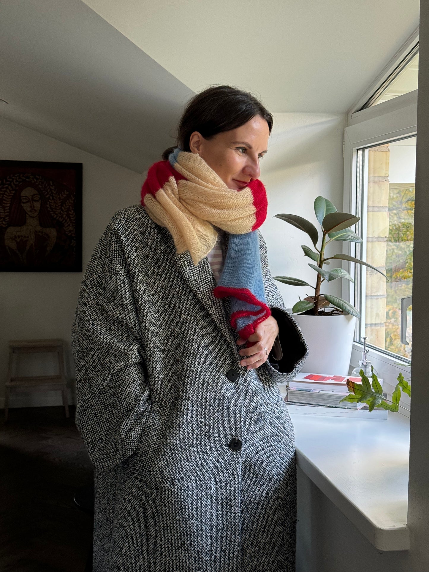 Thin wide mohair scarf in yellow red and light blue colors