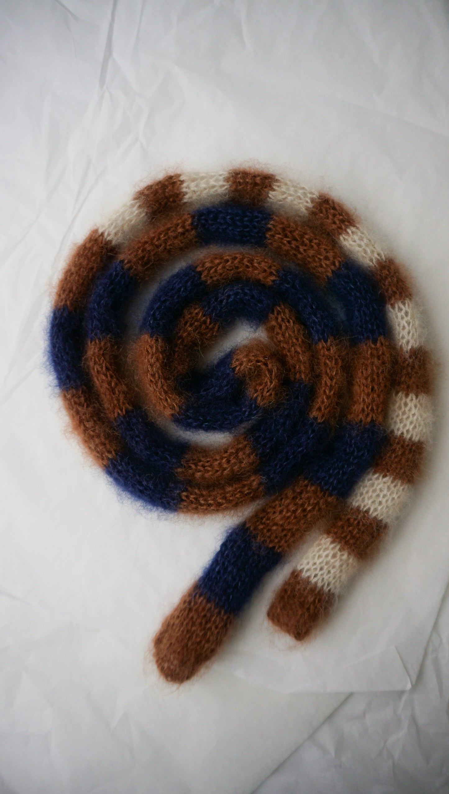 Small skinny mohair scarf blue brown ecru stripes