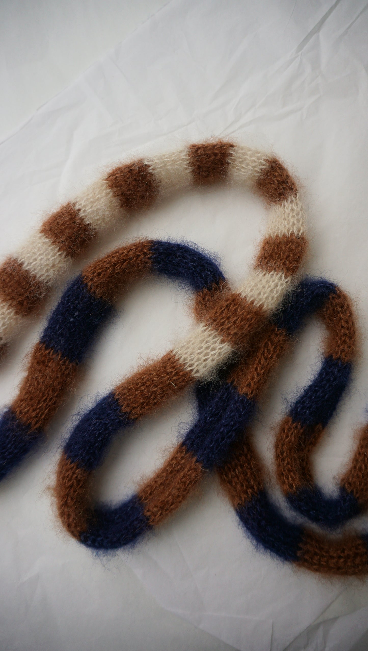 Small skinny mohair scarf blue brown ecru stripes