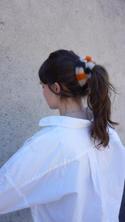 Black beige orange mohair scrunchie