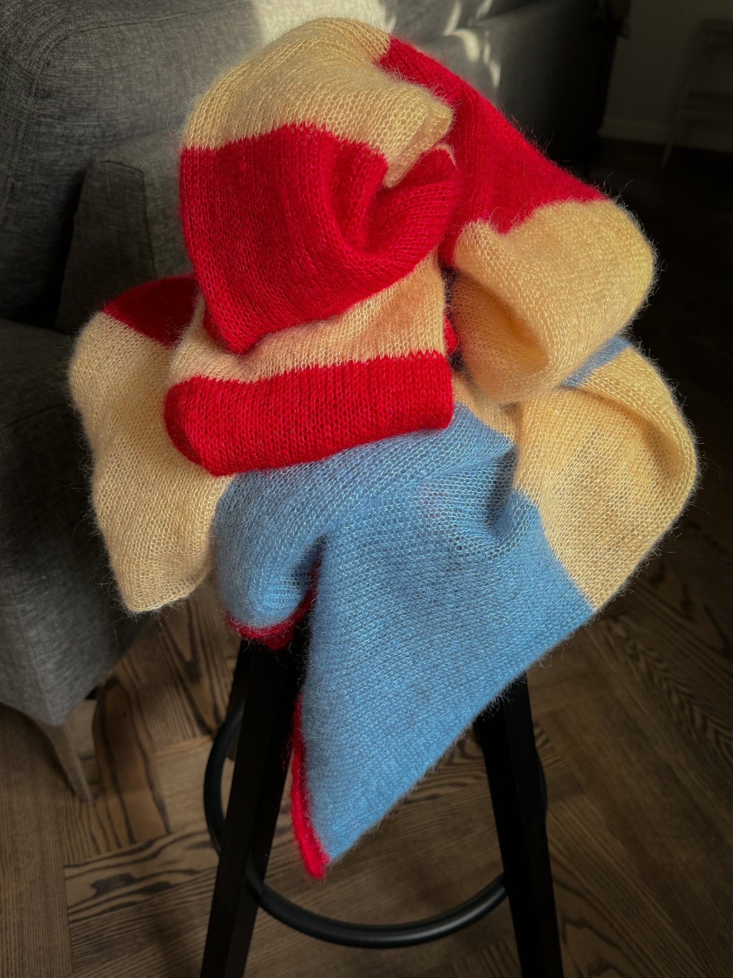 Thin wide mohair scarf in yellow red and light blue colors