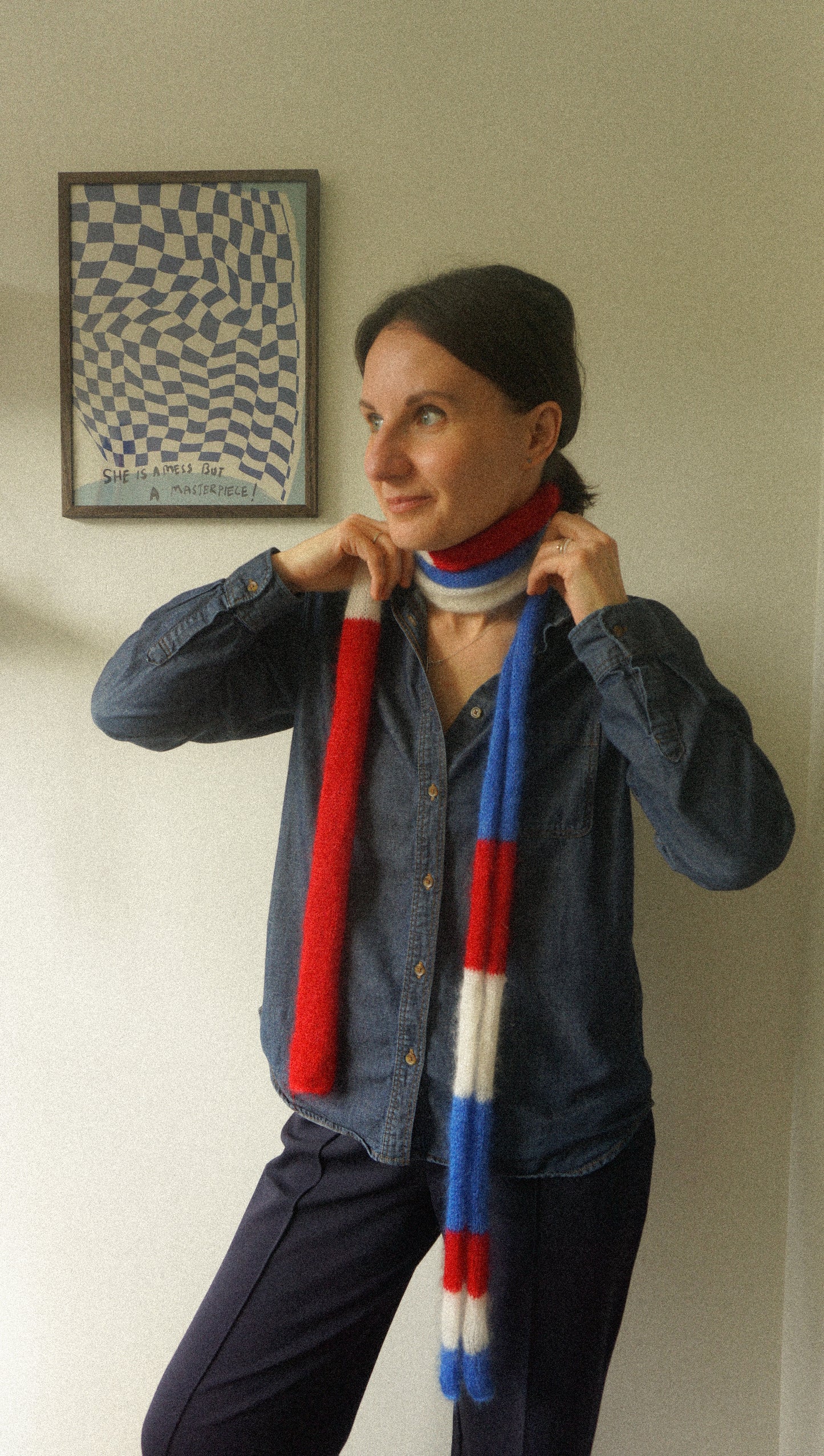 Skinny long mohair scarf white, blue and red stripes