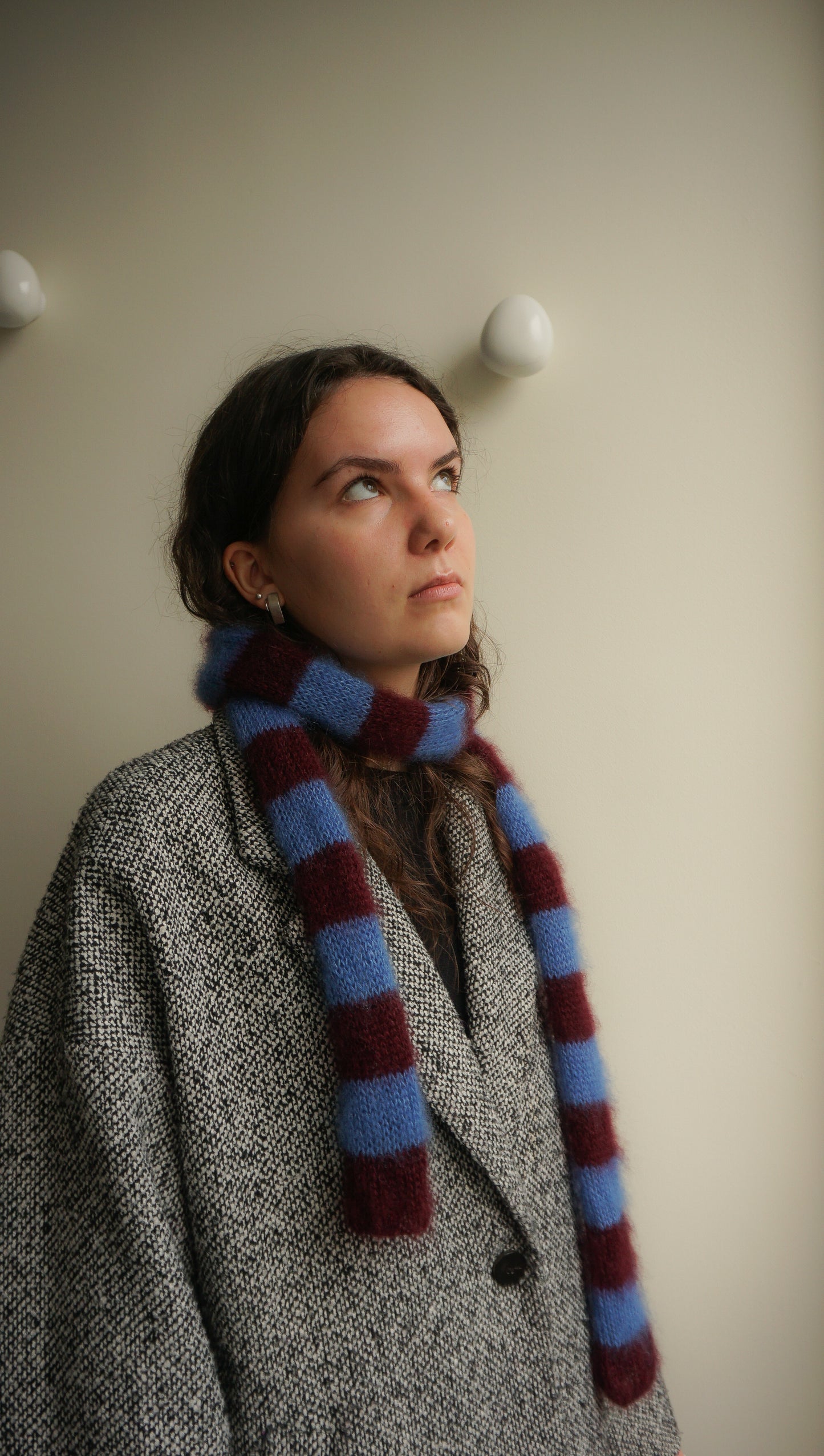 Slim mohair scarf dark bordeaux and blue stripes