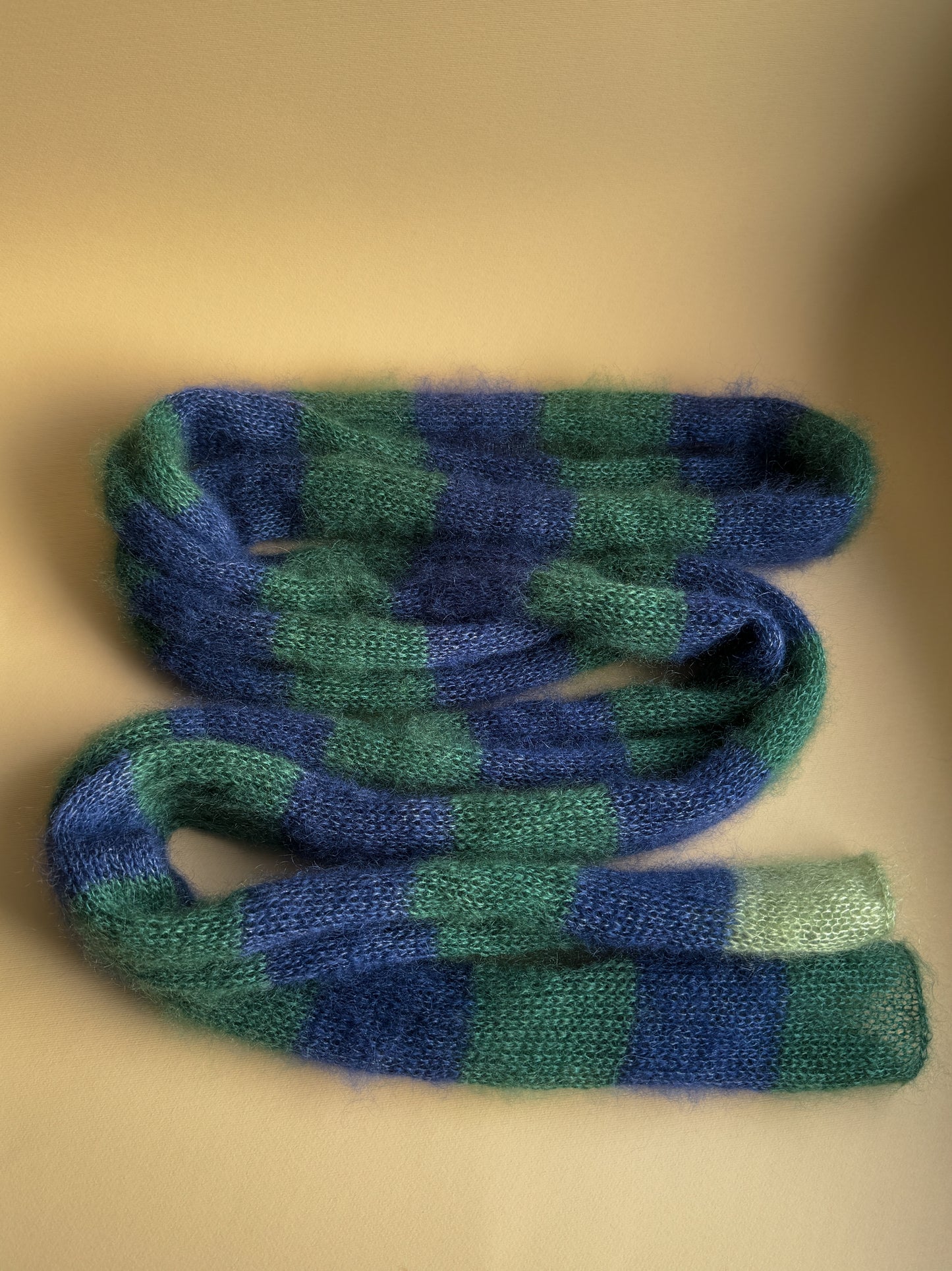 Skinny mohair scarf dark green and blue stripes