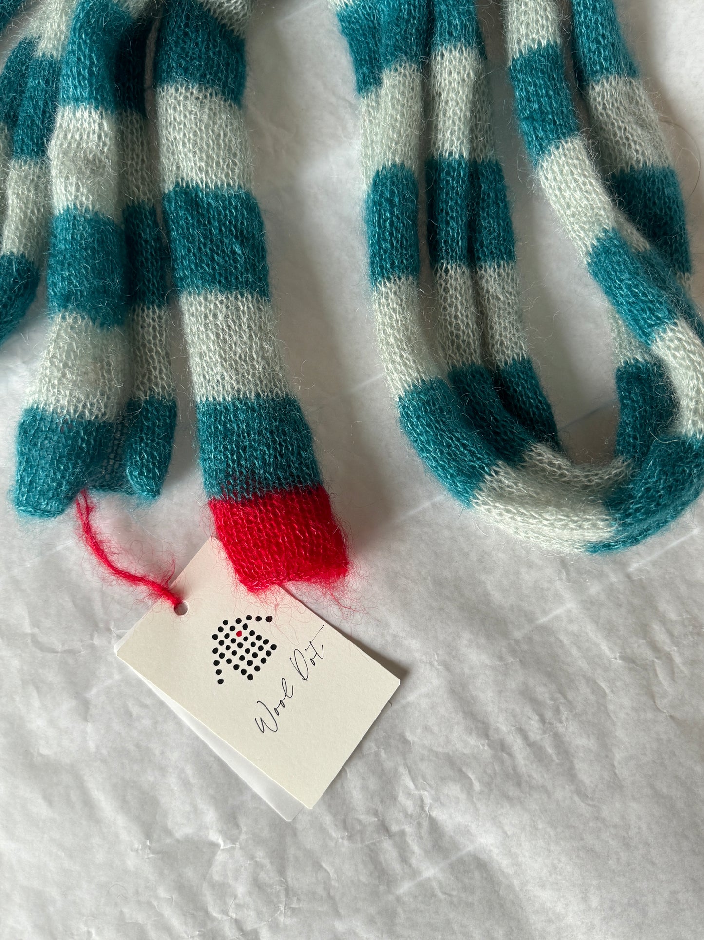 Skinny mohair scarf teal and light green stripes