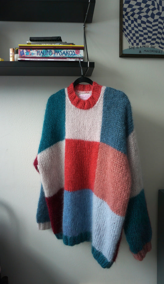 Knitted mohair sweater in pink and blue squares