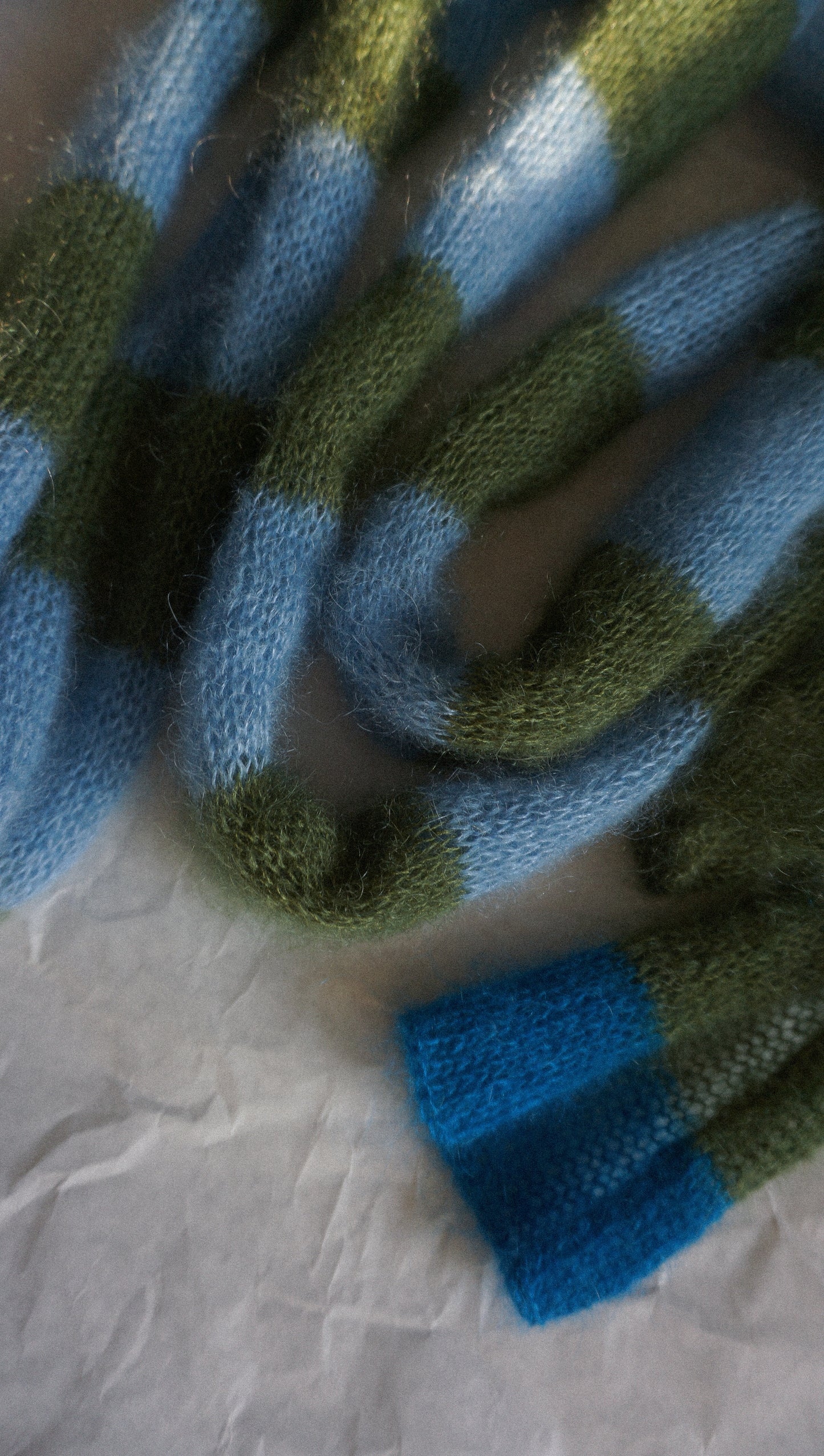 Skinny mohair scarf dark green and blue stripes